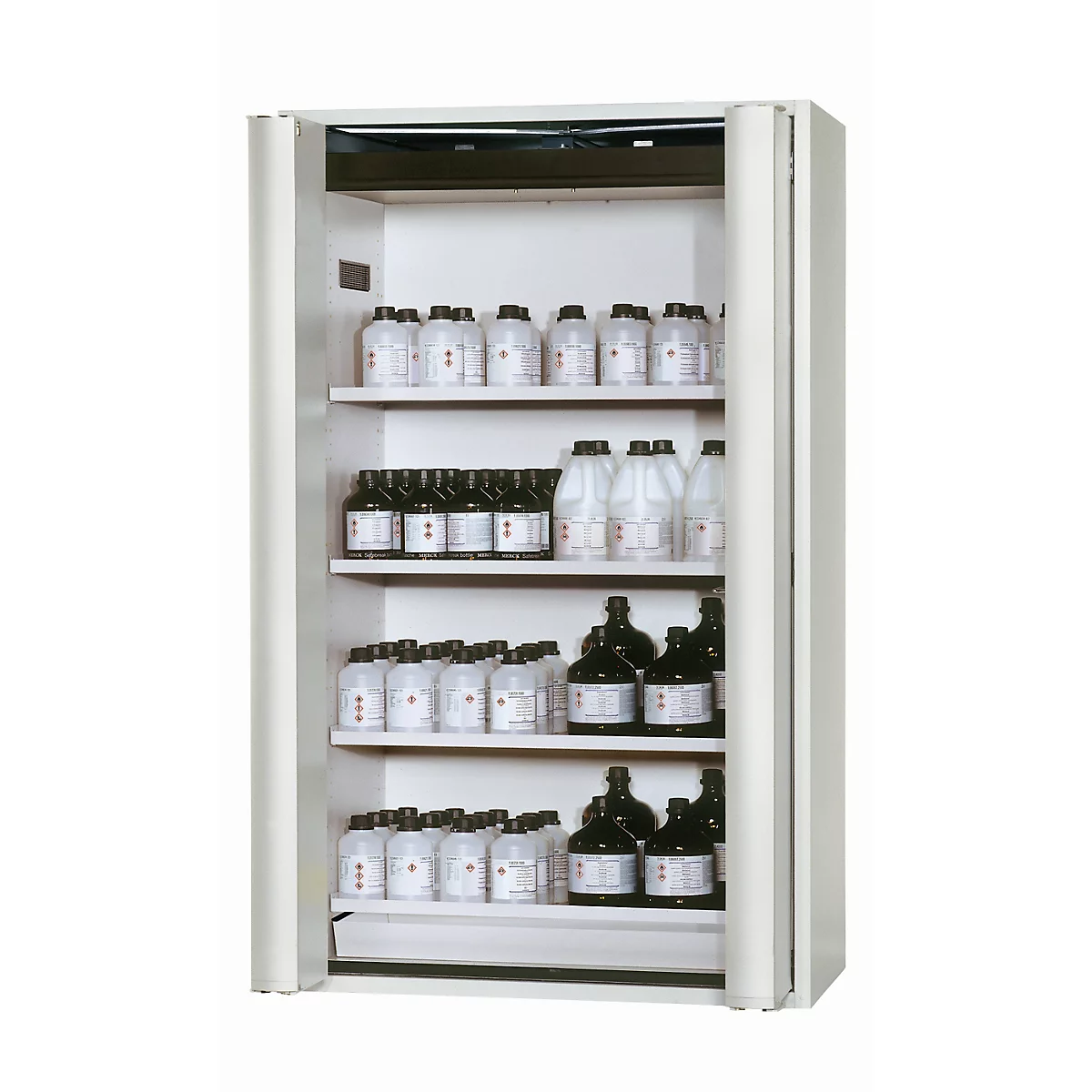 Armoire de stockage de sécurité de type 90 asecos S-PHOENIX Vol.2-90, portes pliantes à fermeture automatique et à une main, façade gris clair, L 1196 x P 616 x H 1968 mm