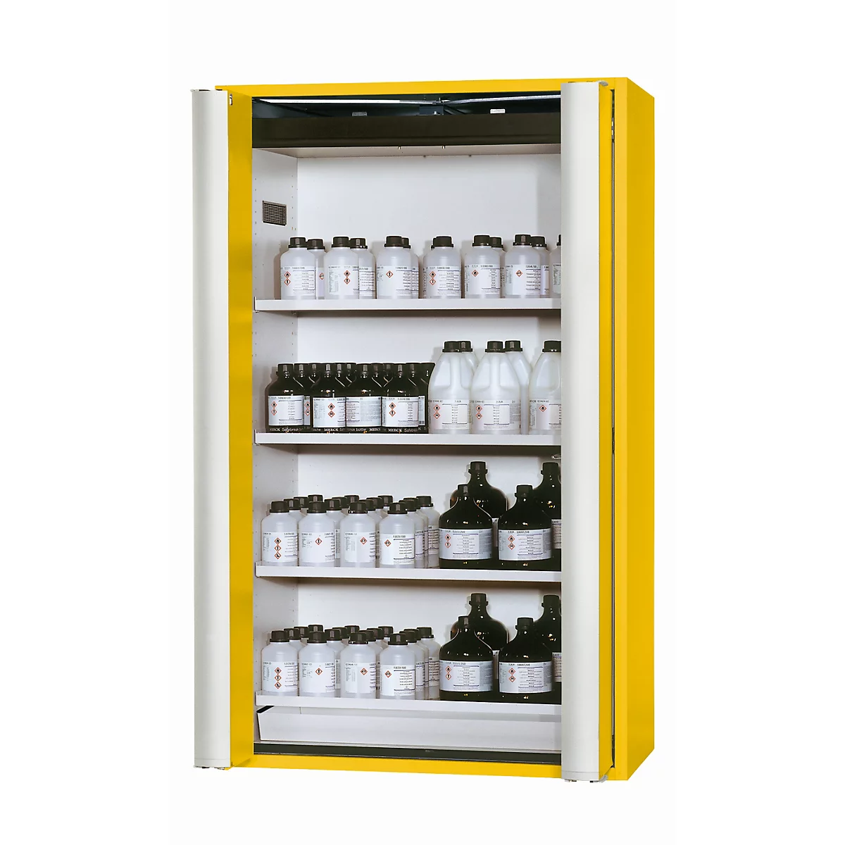 Armoire de stockage de sécurité de type 90 asecos S-PHOENIX Vol.2-90, portes pliantes avec fermeture à une main et automatique, façade en jaune de sécurité, L 1196 x P 616 x H 1968 mm