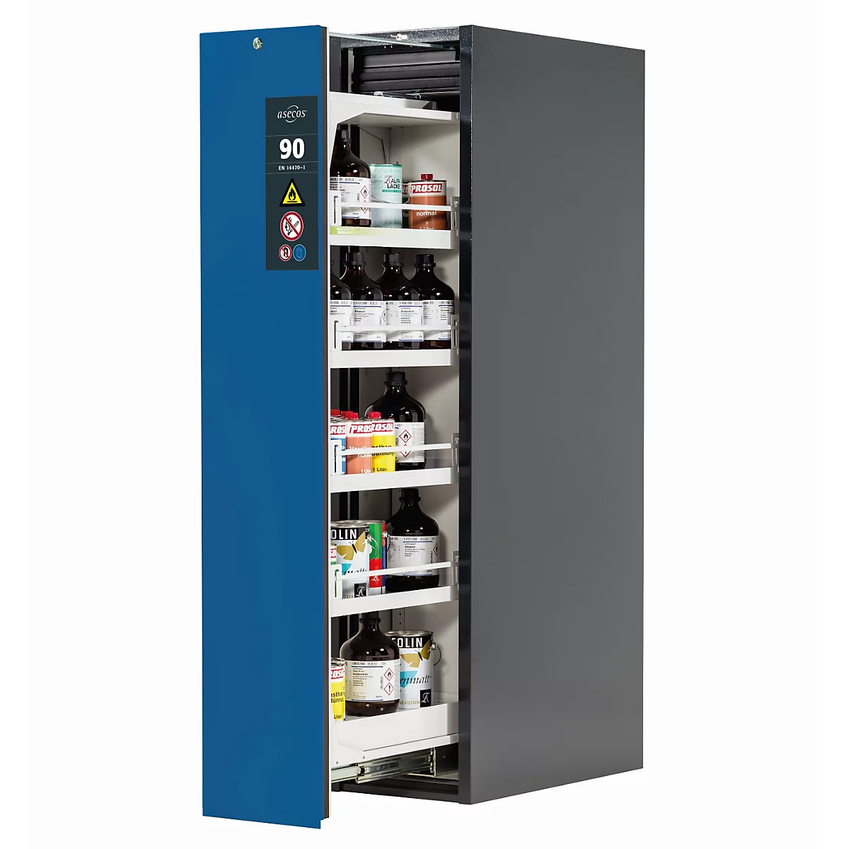 Armoire de stockage de sécurité de type 90 asecos V-MOVE-90, coulissant vertical avec fermeture automatique, façade bleu gentiane, L 449 x P 860 x H 1966 mm