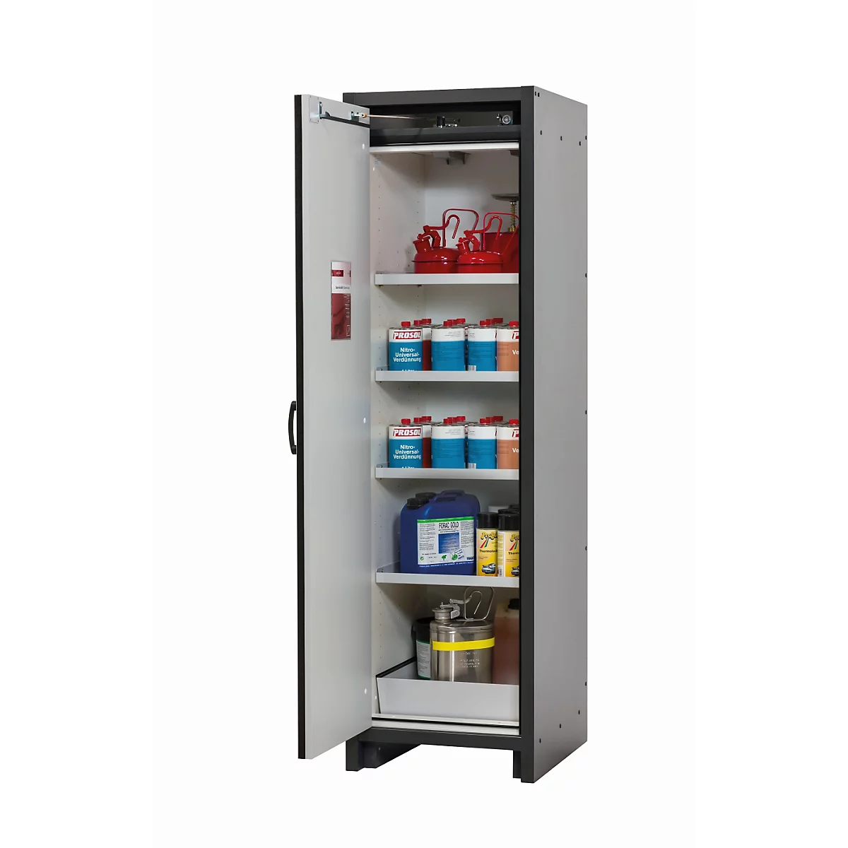 Armoire de stockage de sécurité avec porte ouverte, remplie de bouteilles et de conteneurs.