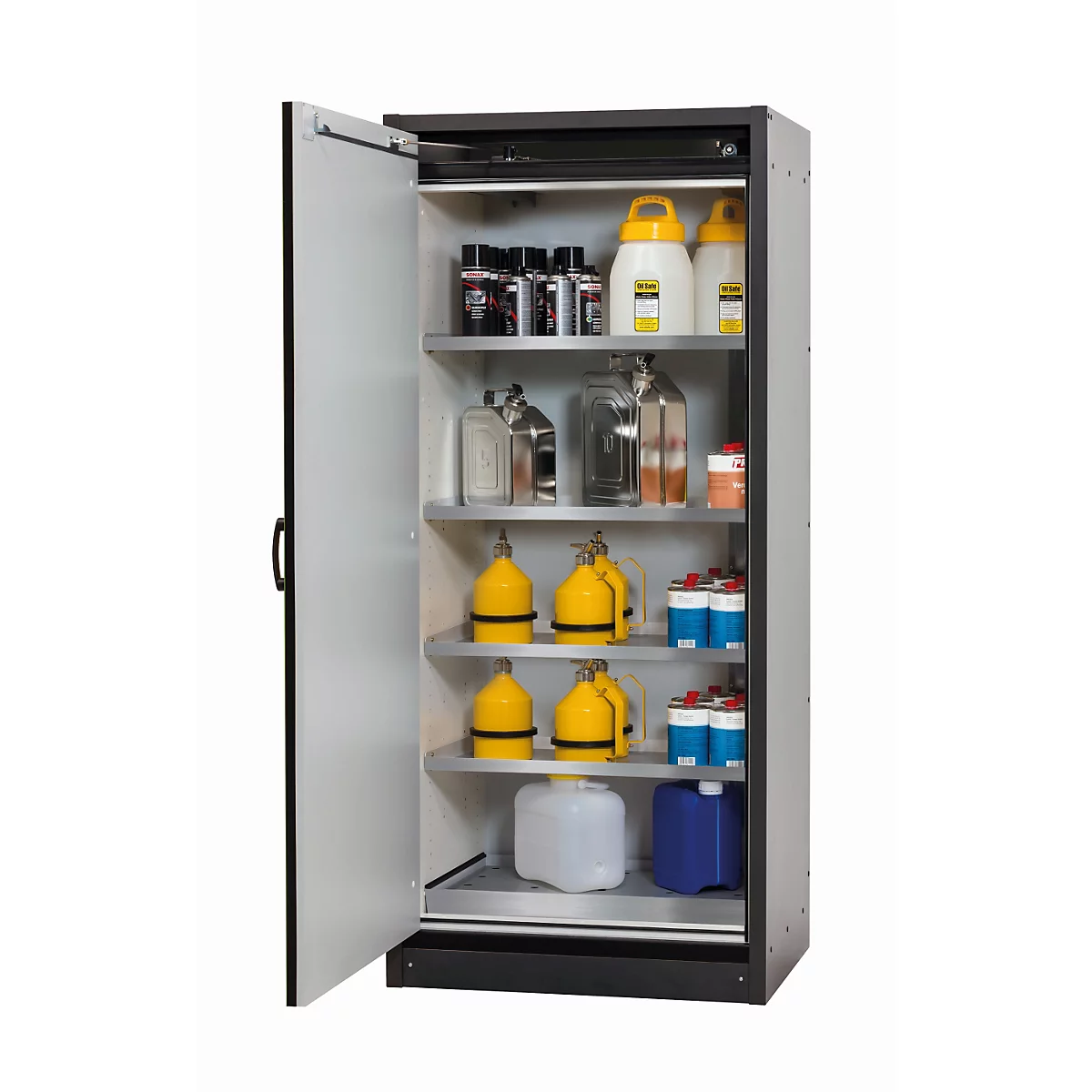 Armoire en acier ouverte avec divers bidons et bouteilles sur des étagères.