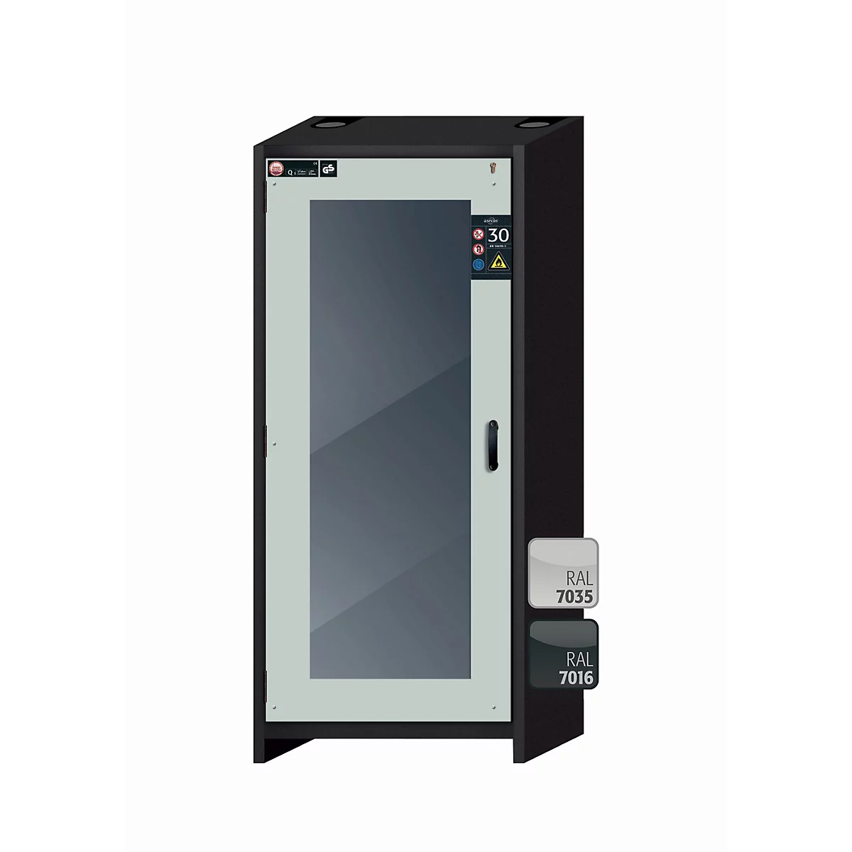 Armoire de stockage de sécurité type 30 asecos Q-DISPLAY-30, porte à charnière avec découpe en verre, charnière à gauche, façade gris clair, L 864 x P 620 x H 1947 mm