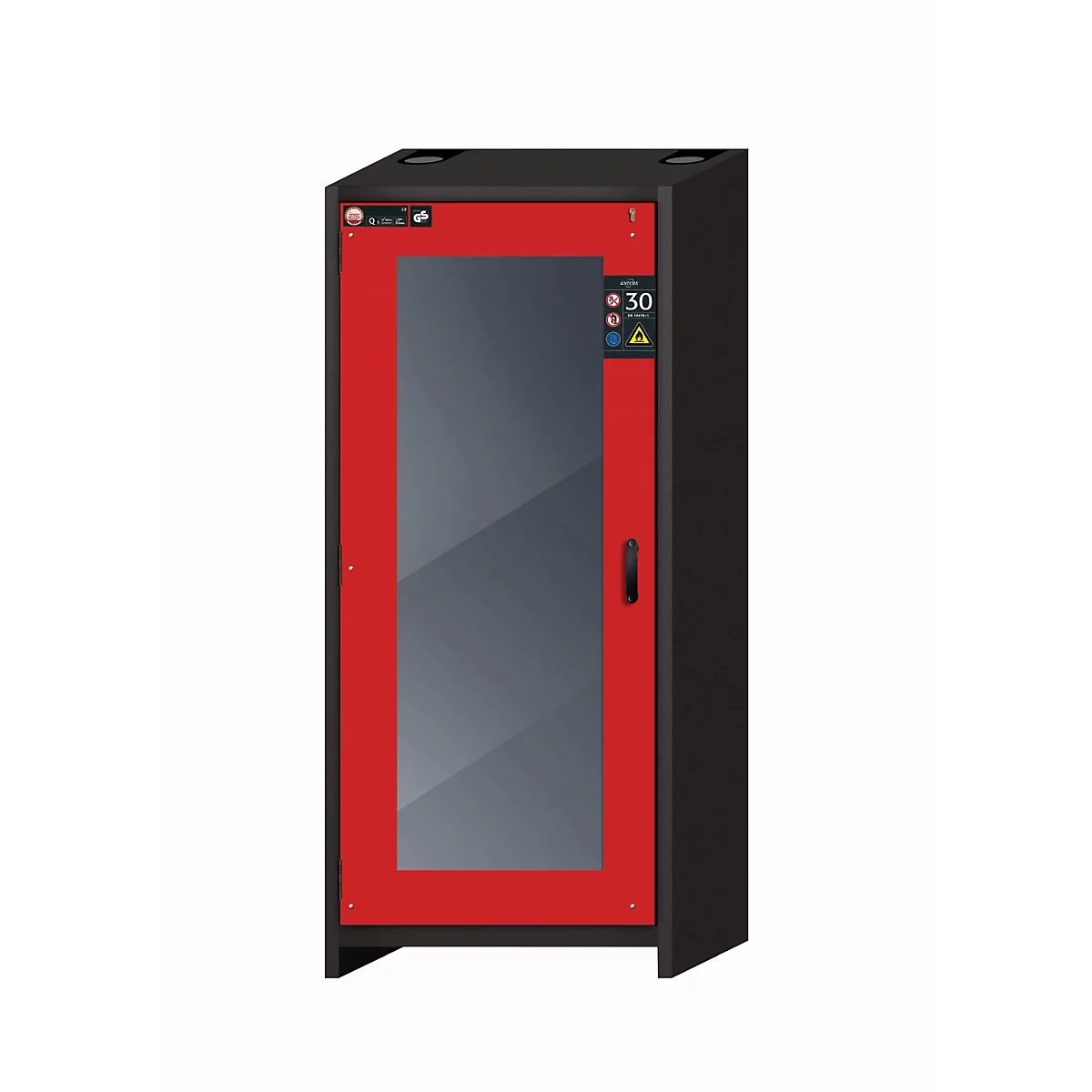 Armoire de stockage de sécurité type 30 asecos Q-DISPLAY-30, porte à charnière avec découpe en verre, charnière à gauche, façade rouge trafic, L 864 x P 620 x H 1947 mm