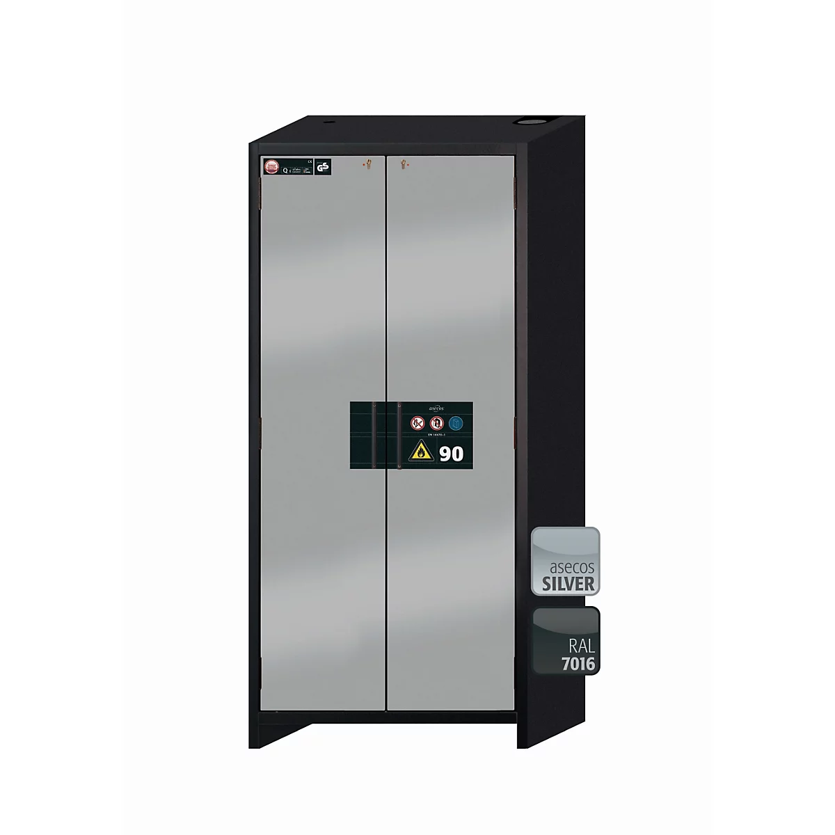 Armoire de sécurité gris-argent avec portes doubles, corps noir et panneau de contrôle. Autocollants : Asecos Silver, RAL 7016.