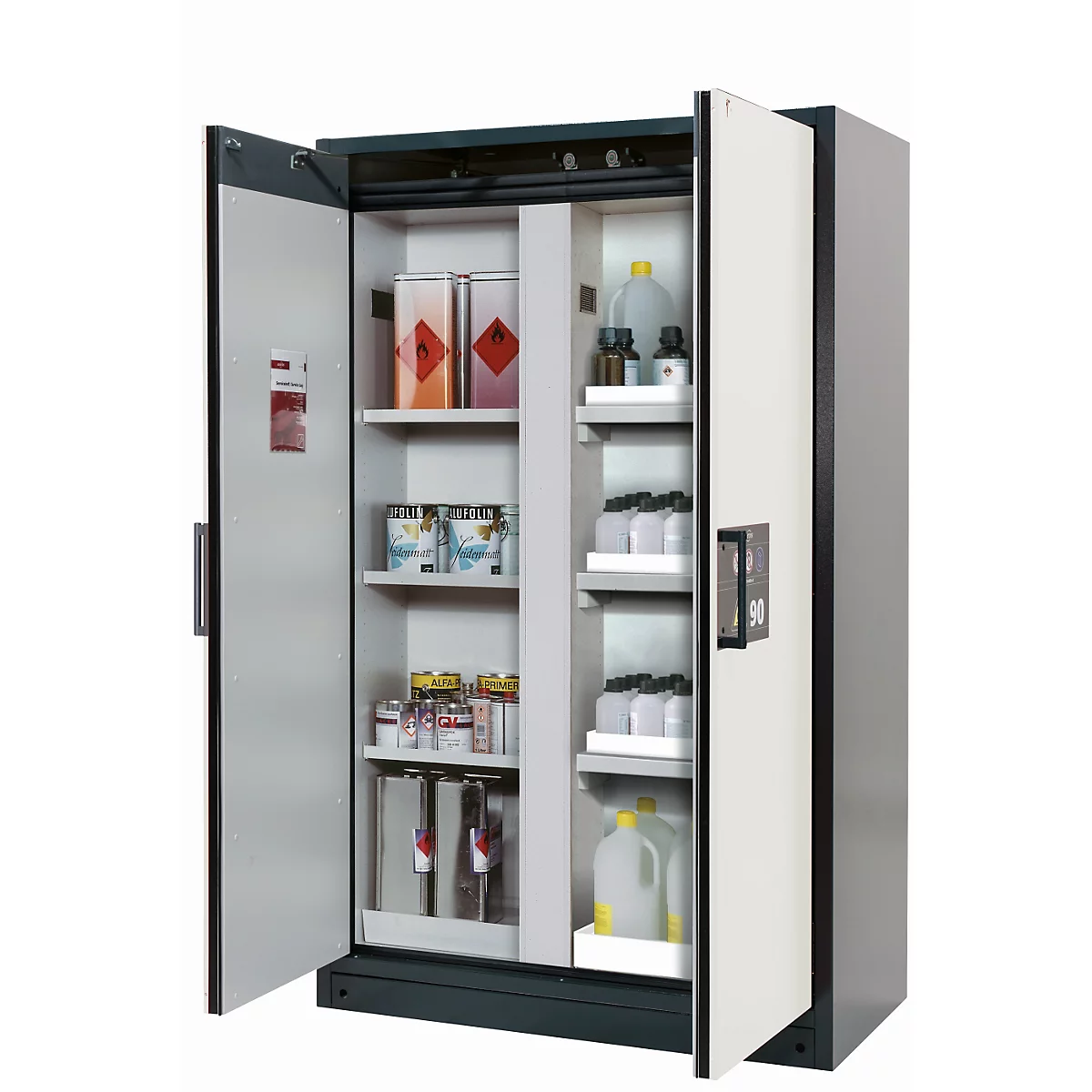 Armoire de stockage de sécurité type 90 asecos Q-CLASSIC-90, portes à charnières, façade blanc pur, L 1193 x P 615 x H 1953 mm