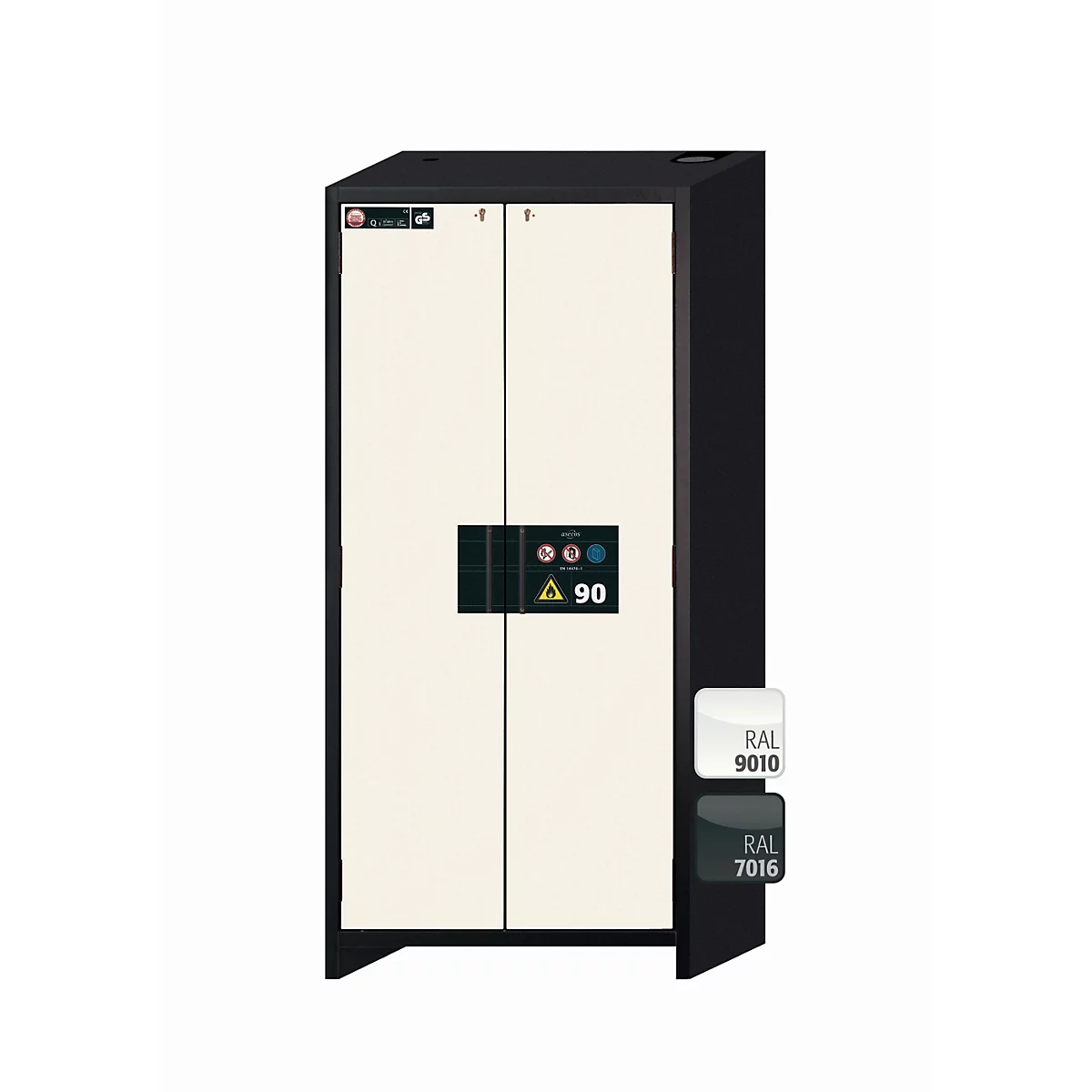 Armoire noire à deux portes avec portes beiges. Au milieu, un panneau de commande avec un symbole d'avertissement. Couleurs : RAL 9010 et RAL 7016.