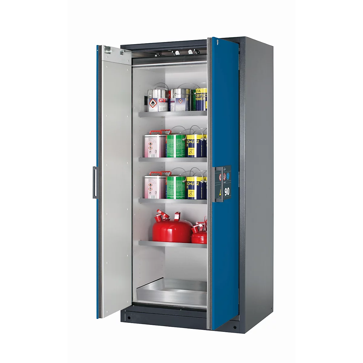 Armoire de stockage de sécurité type 90 asecos Q-CLASSIC-90, portes à charnières, façade bleu gentiane, L 893 x P 615 x H 1953 mm