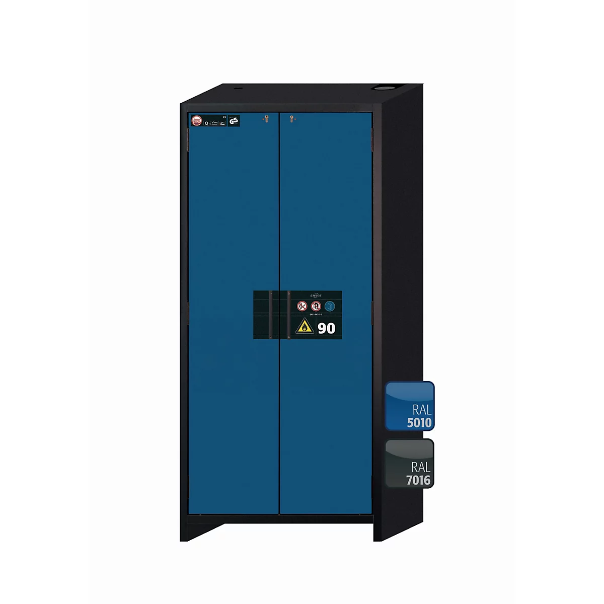 Armoire bleue à deux portes, cadre noir. En bas, des champs de couleur avec RAL 5010 et RAL 7016.