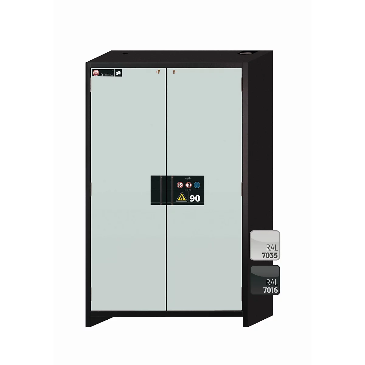 Armoire de stockage de sécurité type 90 asecos Q-CLASSIC-90, portes à charnières, façade gris clair, L 1193 x P 615 x H 1953 mm