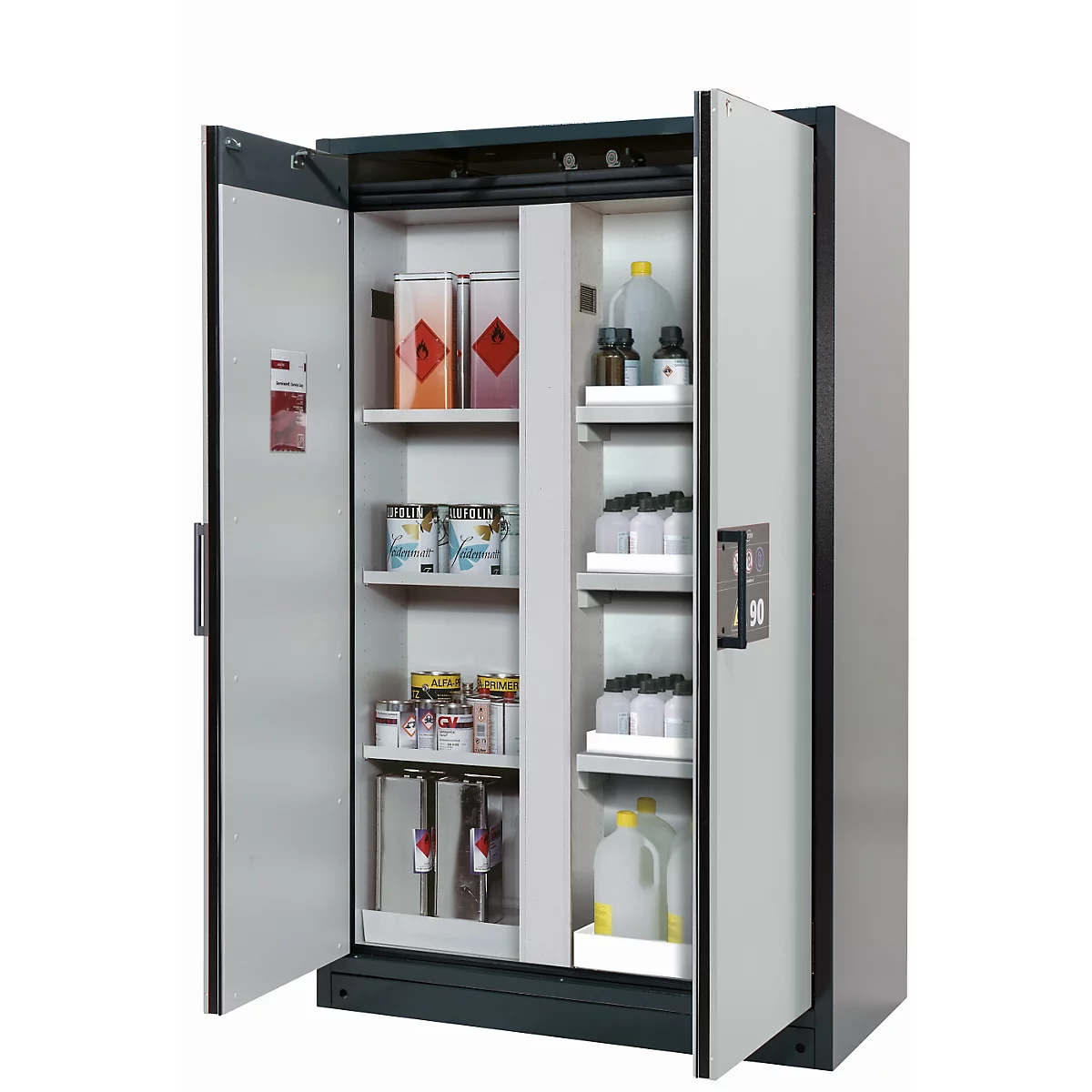 Armoire de stockage de sécurité type 90 asecos Q-CLASSIC-90, portes à charnières, façade gris clair, L 1193 x P 615 x H 1953 mm