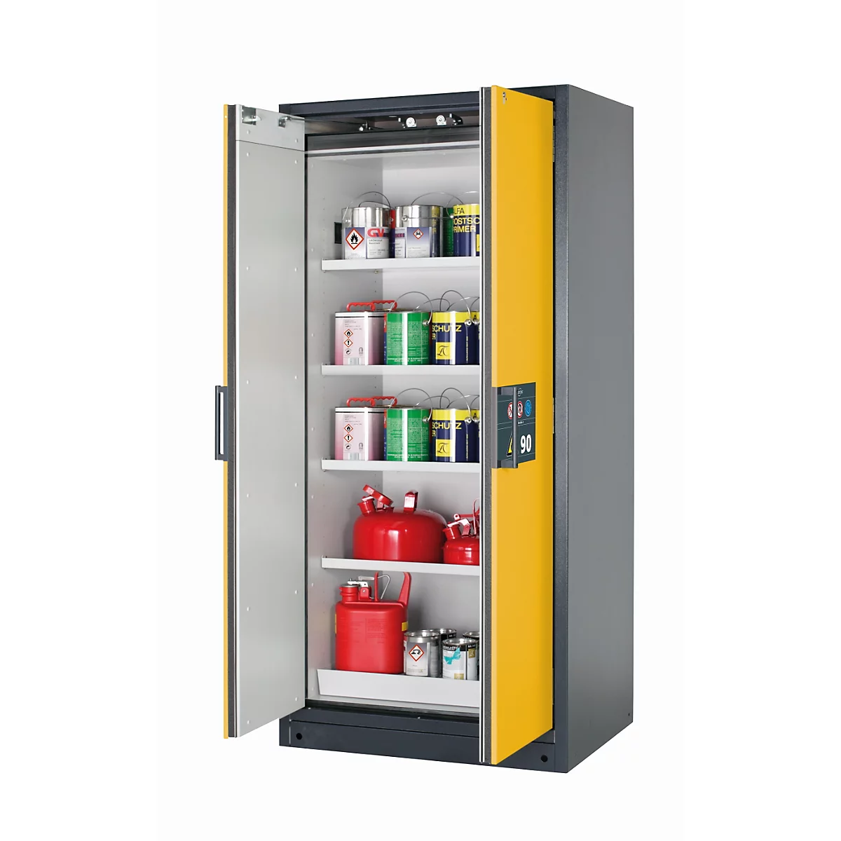 Armoire de stockage de sécurité type 90 asecos Q-CLASSIC-90, portes à charnières, sécurité frontale jaune, L 893 x P 615 x H 1953 mm