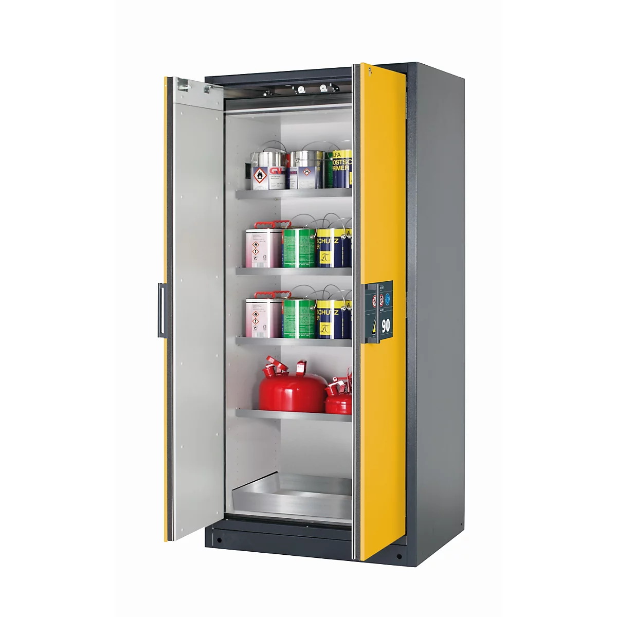 Armoire de stockage de sécurité type 90 asecos Q-CLASSIC-90, portes à charnières, sécurité frontale jaune, L 893 x P 615 x H 1953 mm