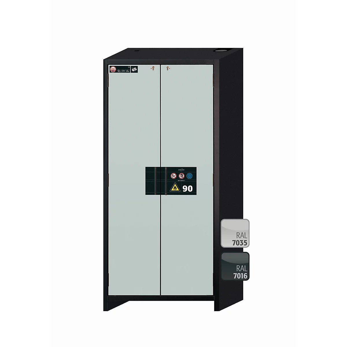 Une armoire grise et rectangulaire avec deux portes, comportant un rectangle noir avec des autocollants et un triangle jaune. En dessous, des échantillons de couleurs pour RAL 7035 et RAL 7016.