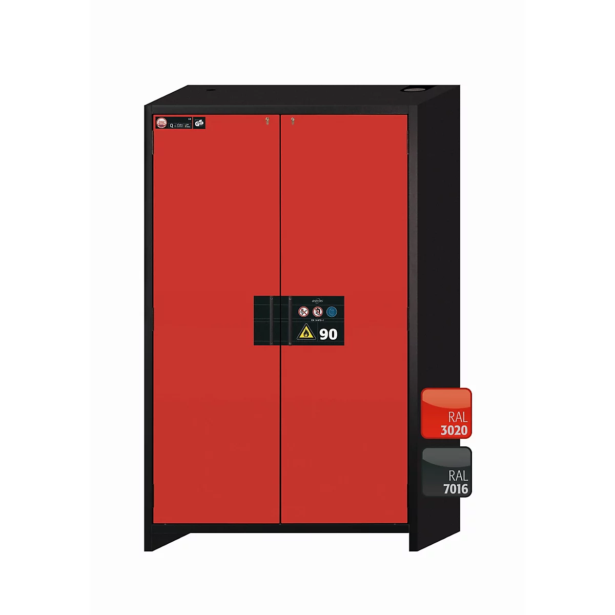 Armoire de stockage de sécurité type 90 asecos Q-CLASSIC-90, portes battantes, façade rouge trafic, L 1193 x P 615 x H 1953 mm