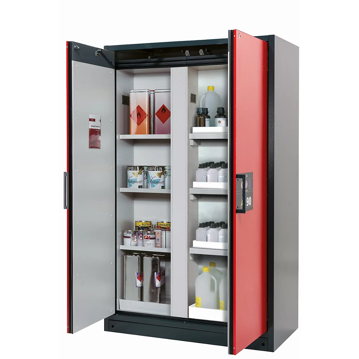 Armoire de stockage de sécurité type 90 asecos Q-CLASSIC-90, portes battantes, façade rouge trafic, L 1193 x P 615 x H 1953 mm