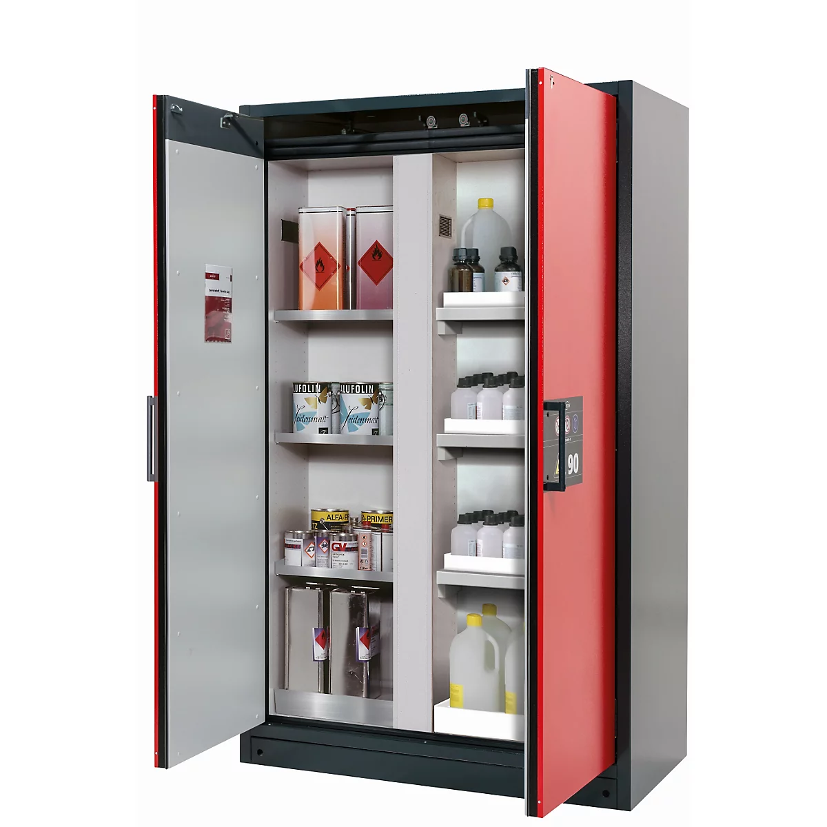 Armoire de stockage de sécurité type 90 asecos Q-CLASSIC-90, portes battantes, façade rouge trafic, L 1193 x P 615 x H 1953 mm