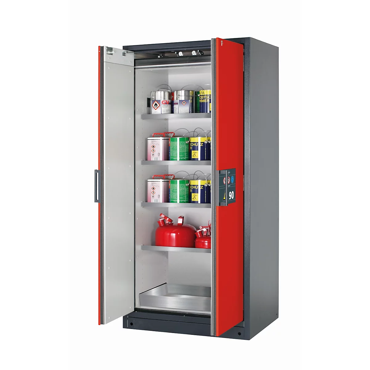 Armoire de stockage de sécurité type 90 asecos Q-CLASSIC-90, portes battantes, façade rouge trafic, L 893 x P 615 x H 1953 mm