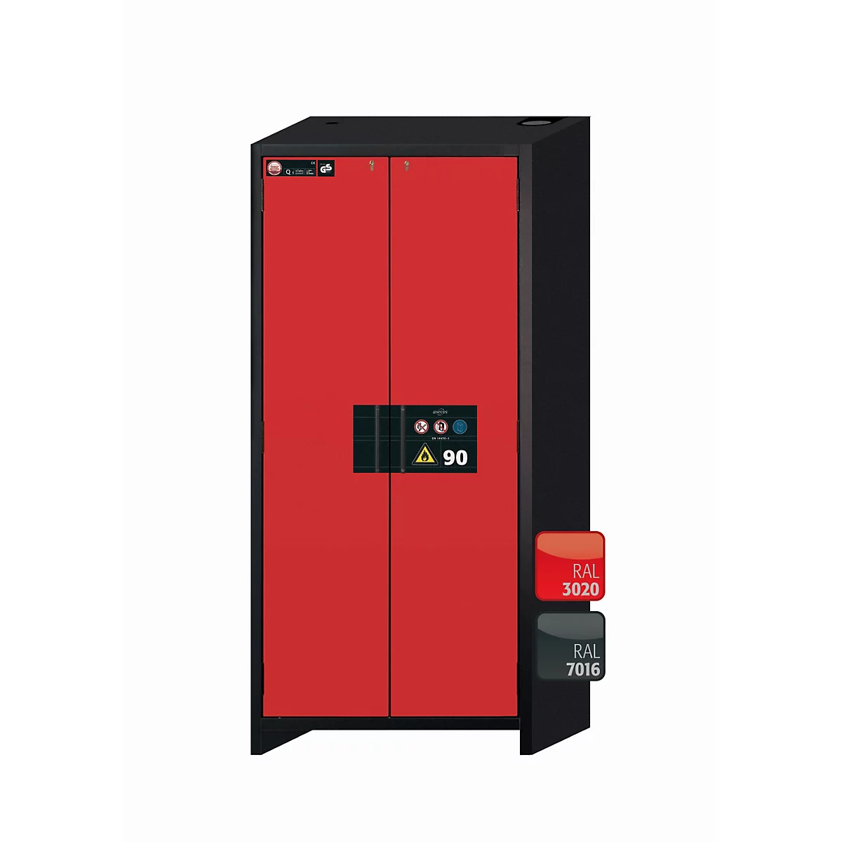 Armoire rouge avec côtés noirs. Il y a deux portes au milieu. L'armoire porte l'inscription "90" et, à côté, un nuancier.