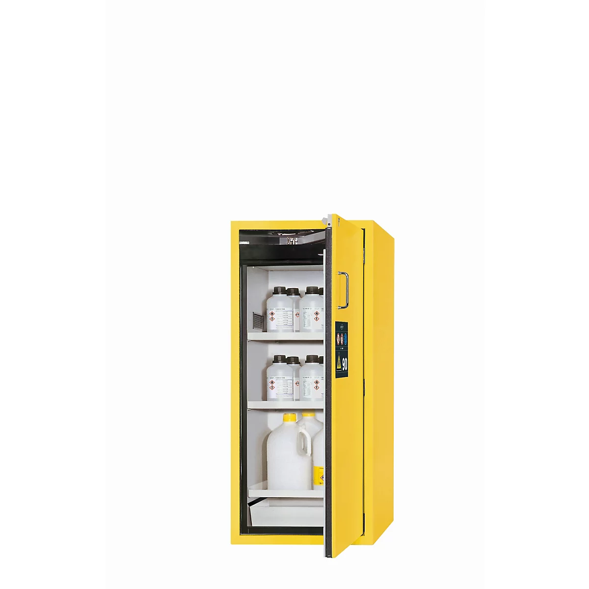Armoire de stockage de sécurité type 90 asecos S-CLASSIC-90, porte à charnières avec système d'arrêt de porte, charnières à droite, façade en jaune de sécurité, L 596 x P 616 x H 1298 mm
