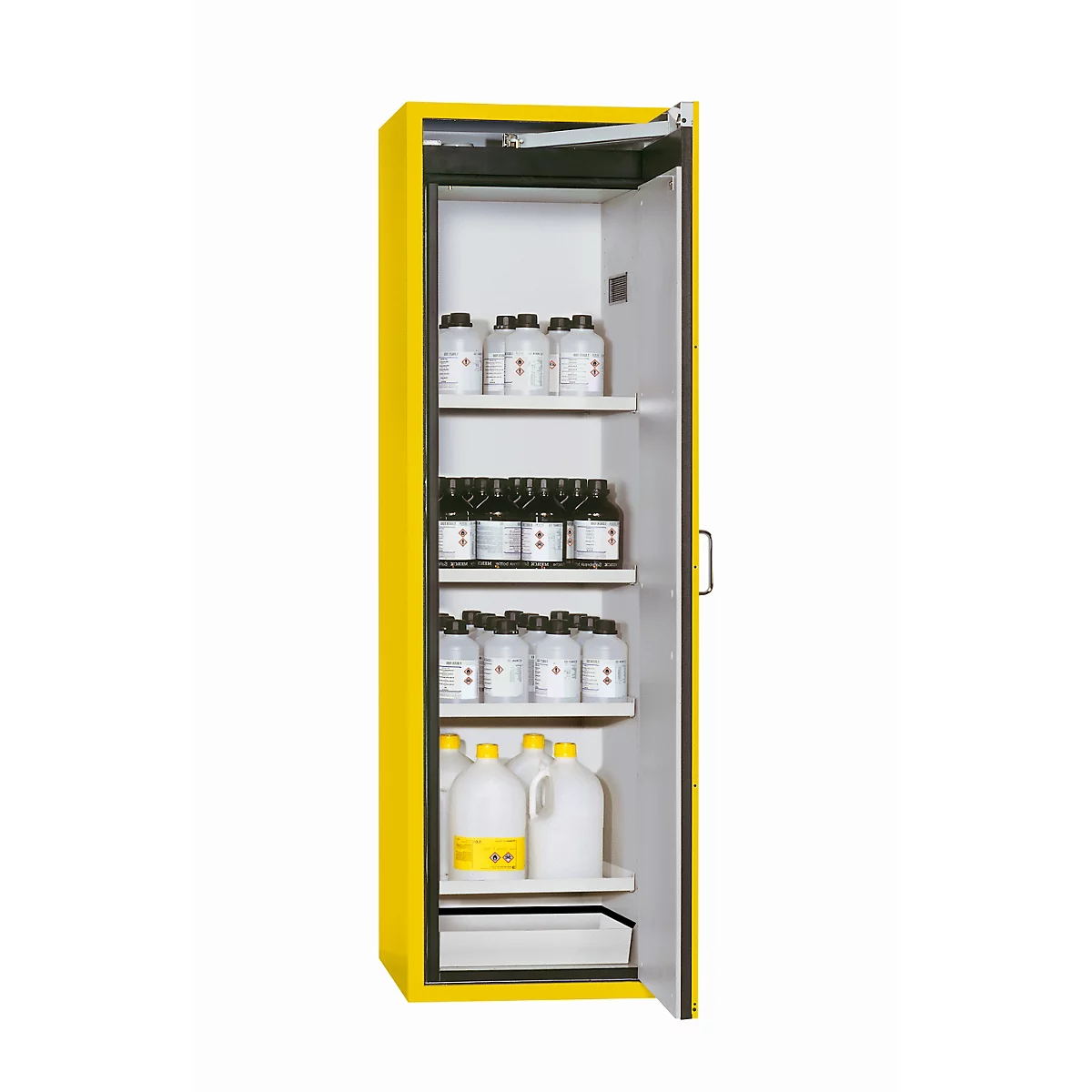 Armoire de stockage de sécurité type 90 asecos S-CLASSIC-90, porte à charnières avec système d'arrêt de porte, charnières à droite, façade en jaune de sécurité, L 596 x P 616 x H 1968 mm