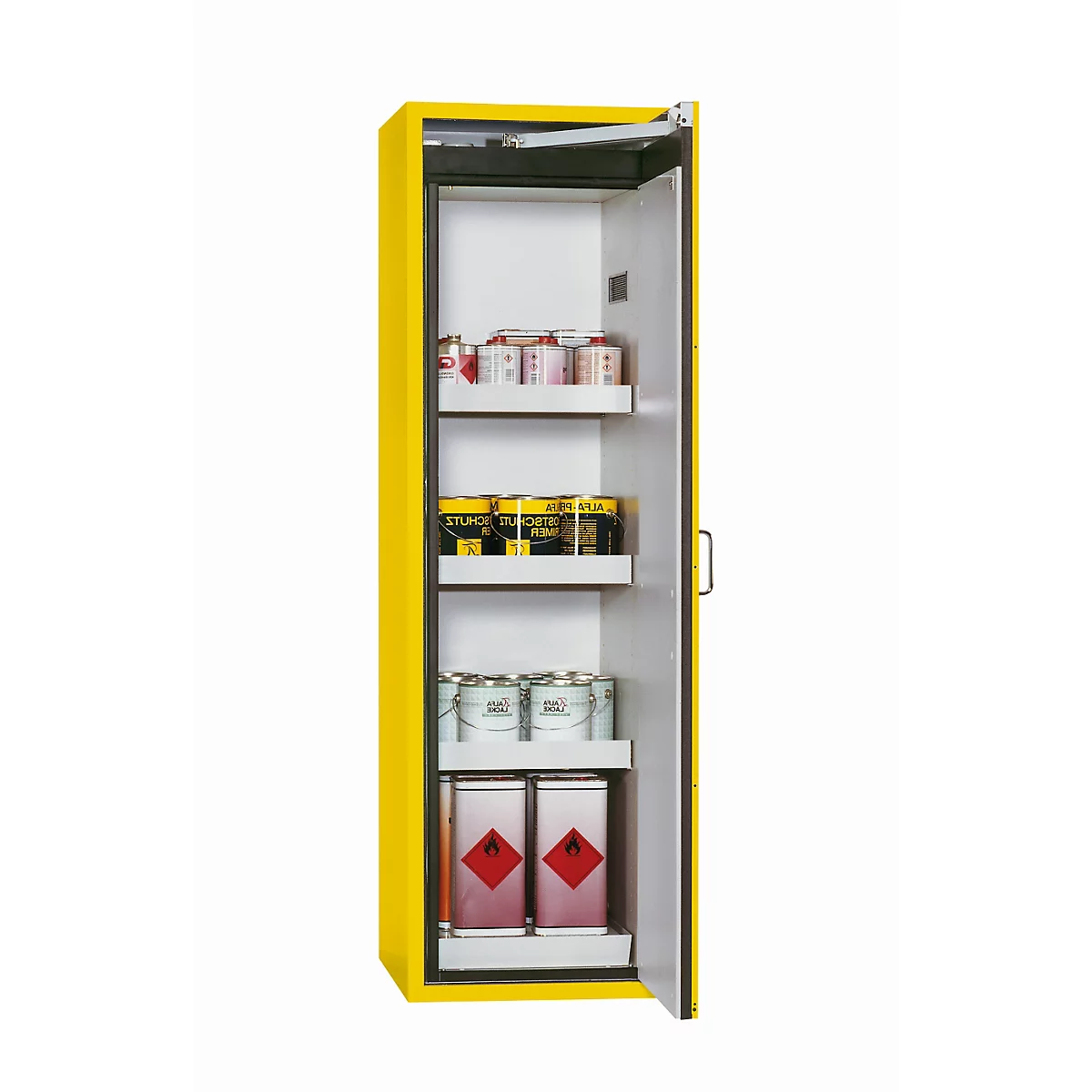 Armoire de stockage de sécurité type 90 asecos S-CLASSIC-90, porte à charnières avec système d'arrêt de porte, charnières à droite, façade en jaune de sécurité, L 596 x P 616 x H 1968 mm