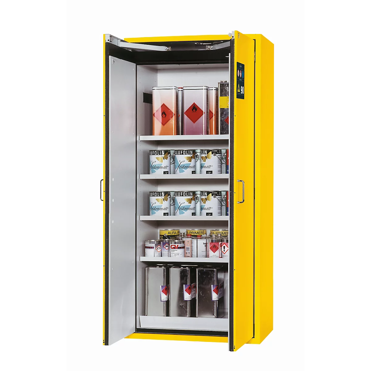 Armoire de stockage de sécurité type 90 asecos S-CLASSIC-90, portes à charnières avec système d'arrêt de porte, façade en jaune de sécurité, L 896 x P 616 x H 1968 mm
