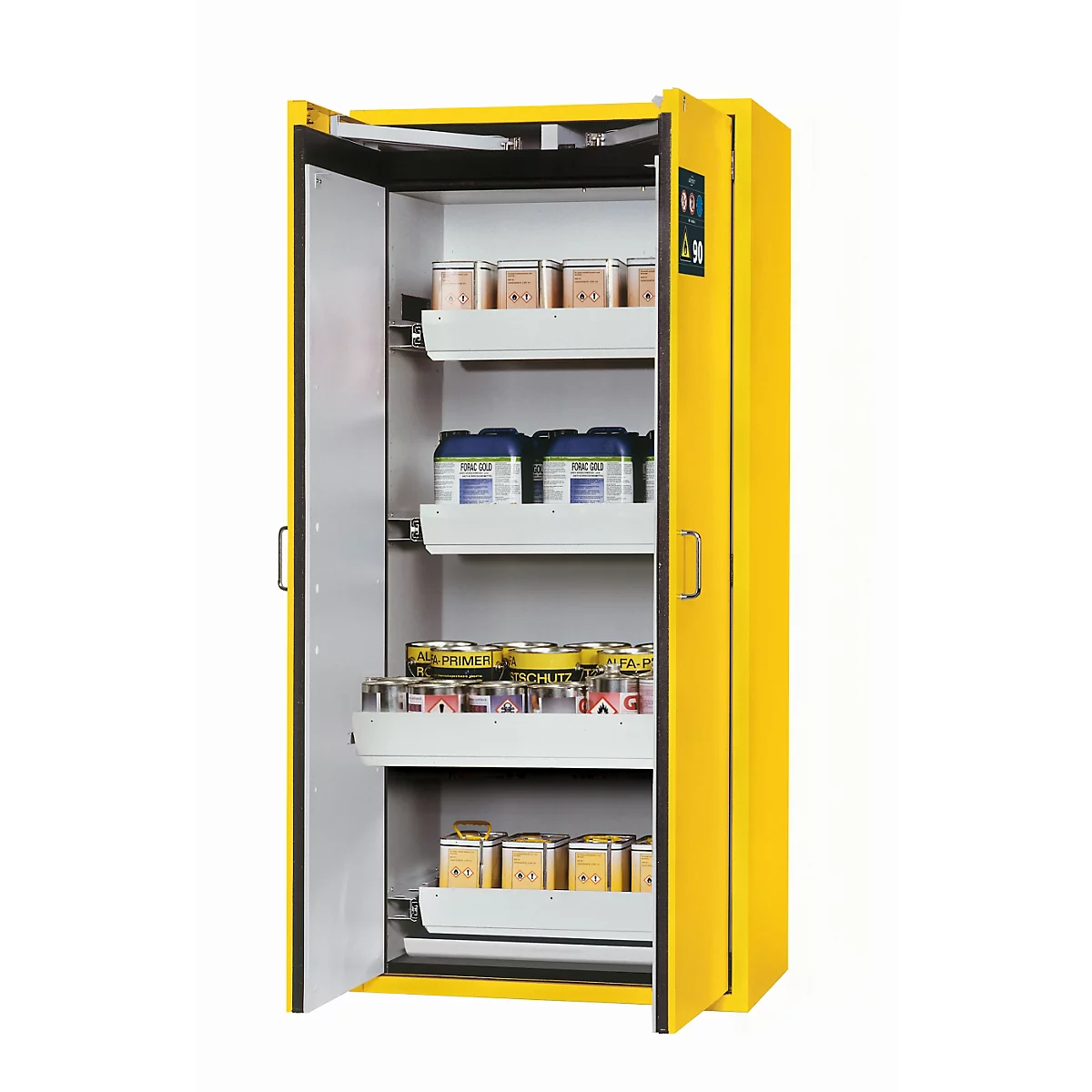 Armoire de stockage de sécurité type 90 asecos S-CLASSIC-90, portes à charnières avec système d'arrêt de porte, façade en jaune de sécurité, L 896 x P 616 x H 1968 mm