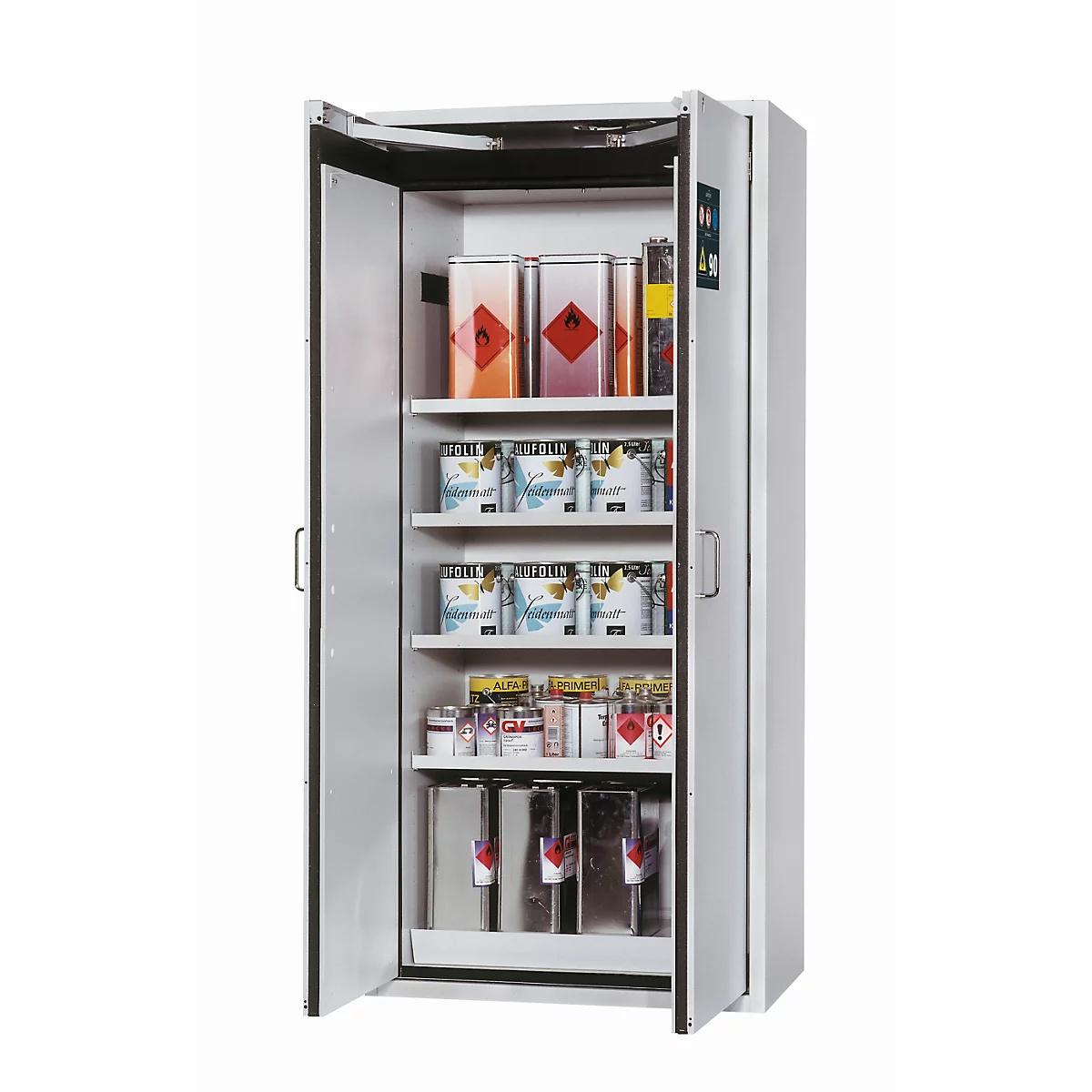 Armoire de stockage de sécurité type 90 asecos S-CLASSIC-90, portes battantes avec système d'arrêt de porte, façade gris clair, L 896 x P 616 x H 1968 mm