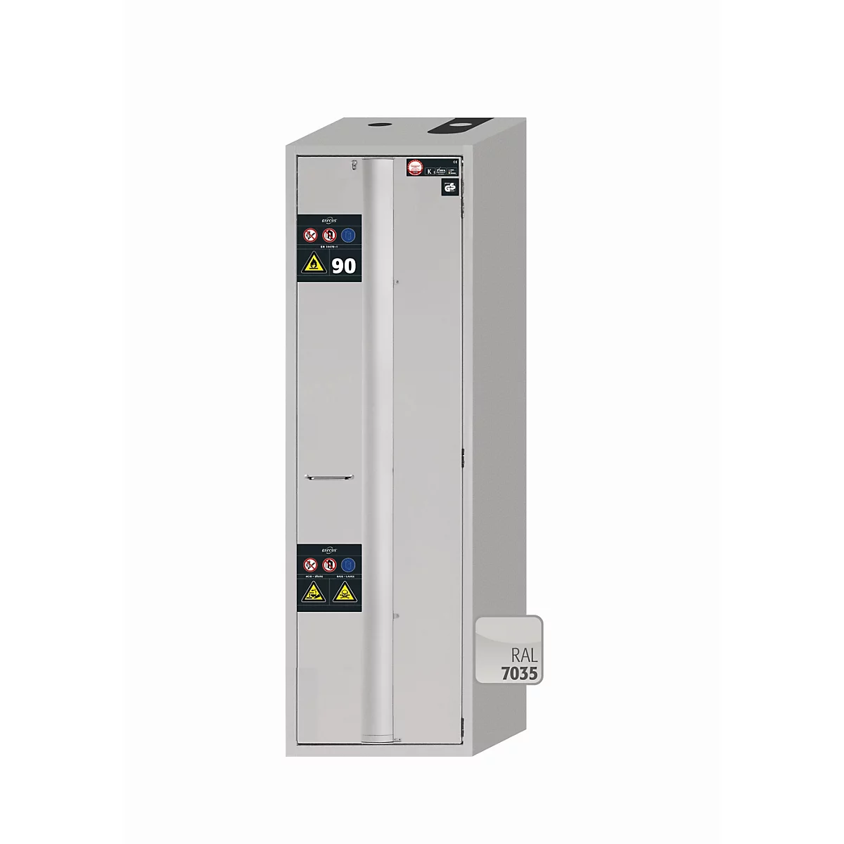 Armoire grise sur fond blanc. Autocollants avec symboles et "90". Désignation de la couleur : RAL 7035.