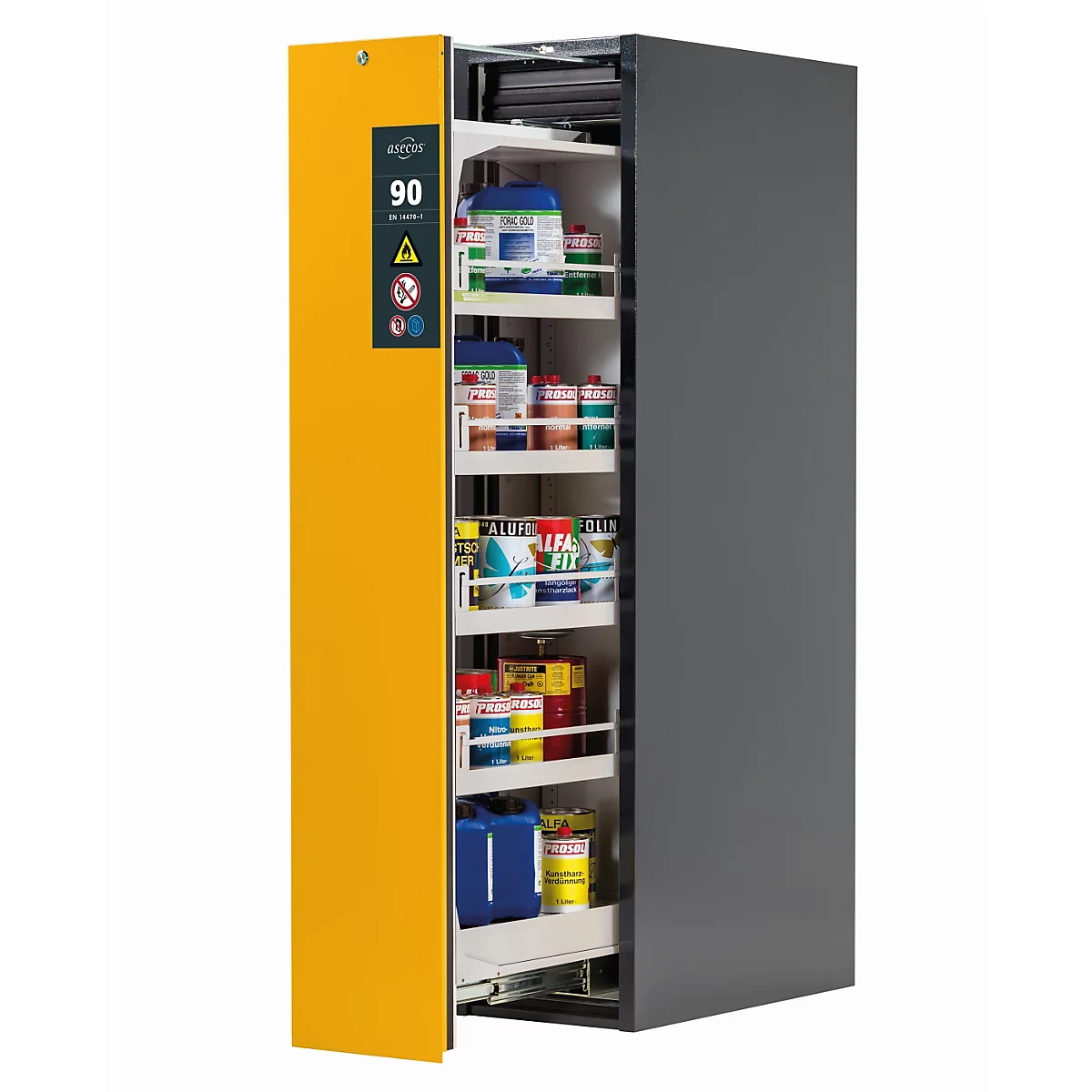Armoire de stockage de sécurité type 90 asecos V-MOVE-90, coulissant vertical avec fermeture automatique, façade en jaune de sécurité, L 449 x P 860 x H 1966 mm