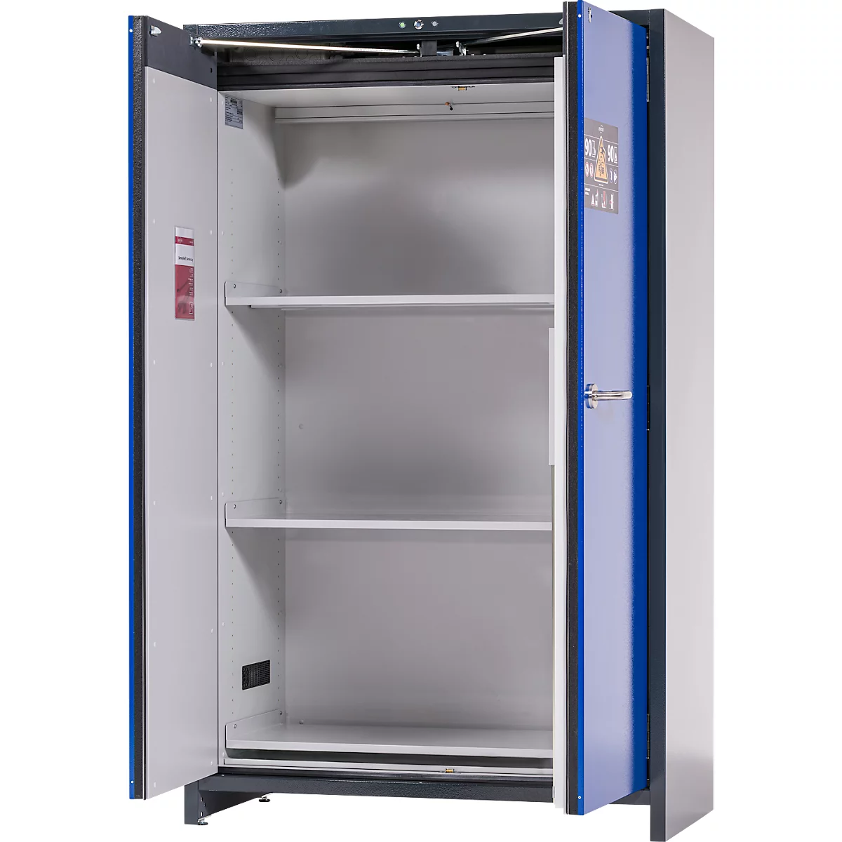 Armoire de stockage sur accu Asecos ION-CORE-90 CS 1200, 3 étagères perforées + 1 bac de rétention au sol, L 1193 x P 615 x H 1953 mm