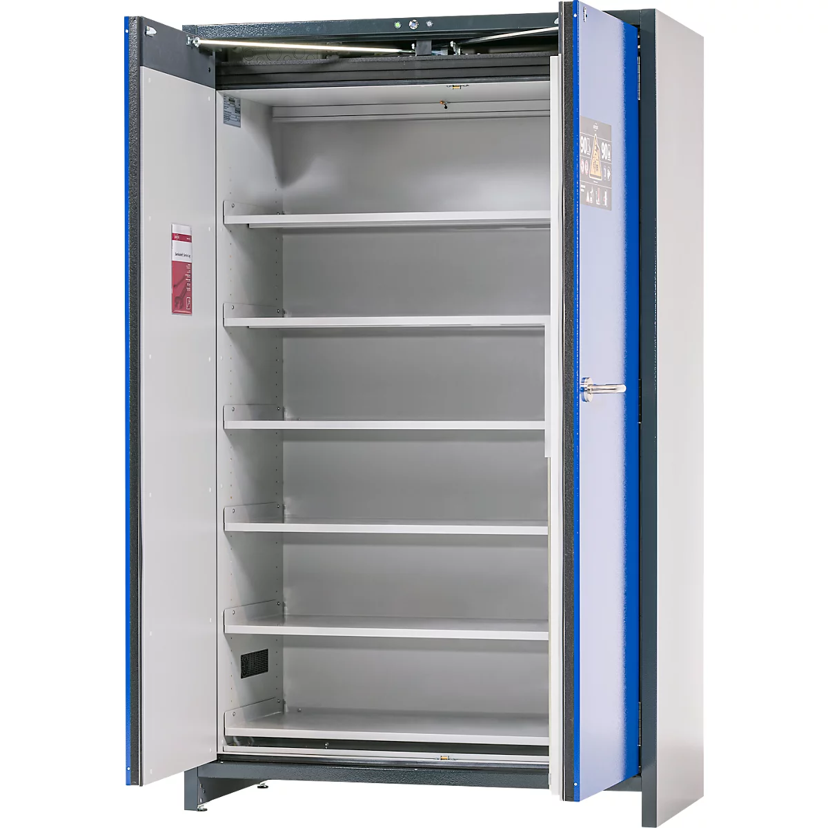 Armoire de stockage sur accu Asecos ION-PRO-90 PS, 6 étagères perforées + 1 bac de rétention au sol, L 1193 x P 615 x H 1953 mm