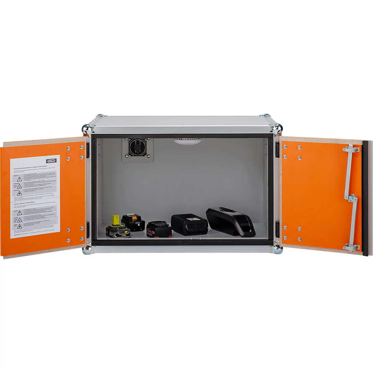 Armoire de stockage sur accu CEMO 8/5 Basic, porte battante, verrouillage de porte LockEX, résistant au feu, sans pieds de gerbage, L 800 x P 660 x H 520 mm, gris clair/orange pur