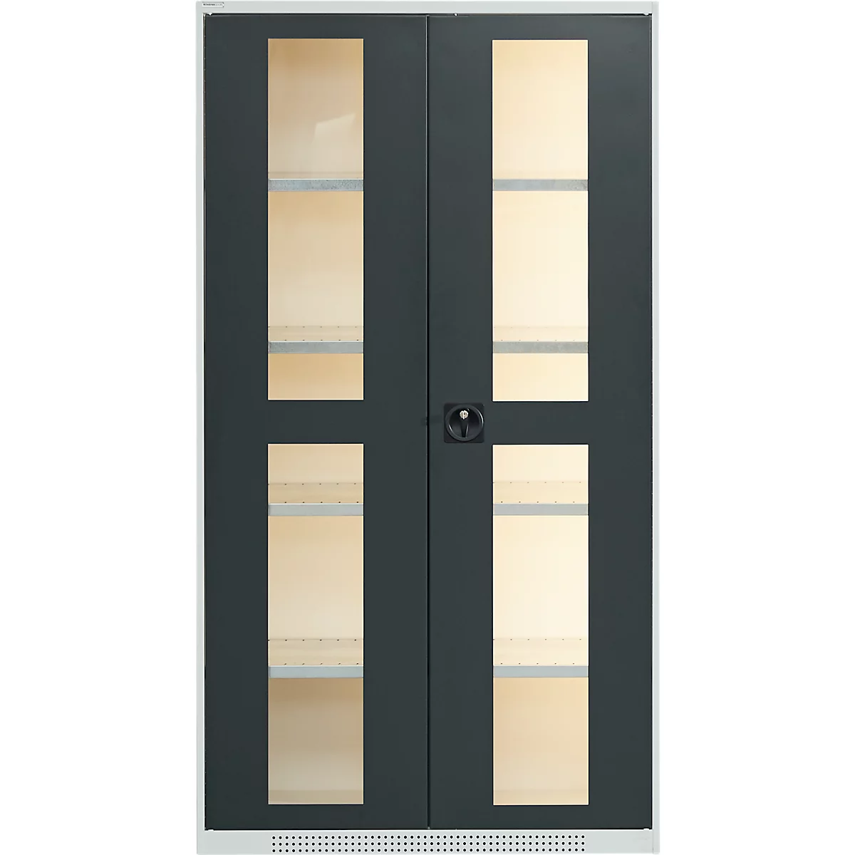 Armoire métallique anthracite à deux battants avec panneaux vitrés verticaux sur fond clair.