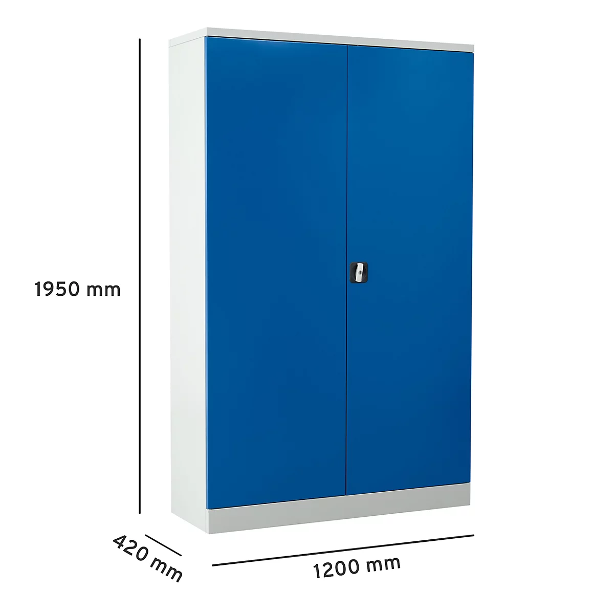 Armoire bleue à deux portes, dimensions : 1950 mm de haut, 1200 mm de large, 420 mm de profondeur.