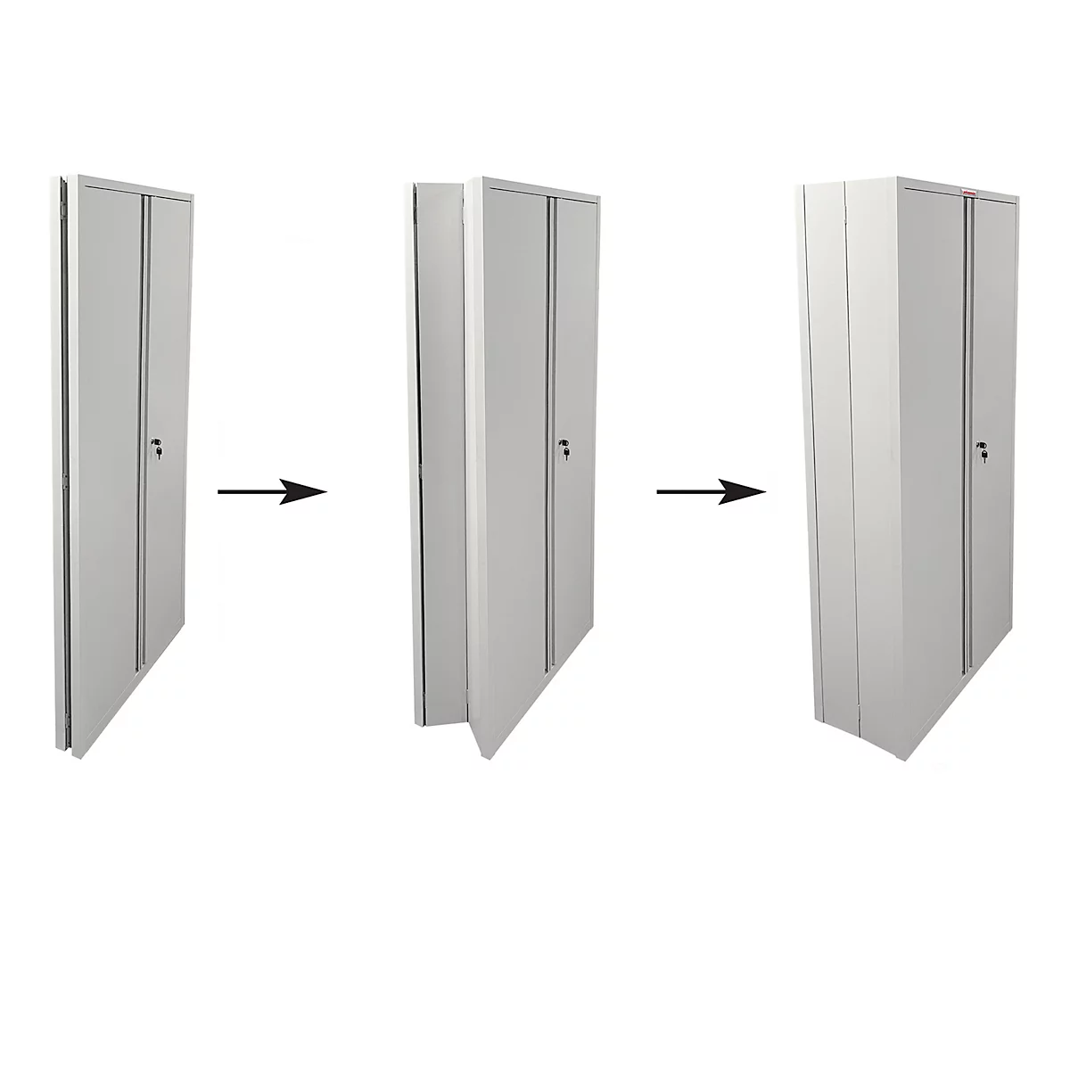Armoire grise en cours d'ouverture. Des flèches indiquent le processus d'ouverture.