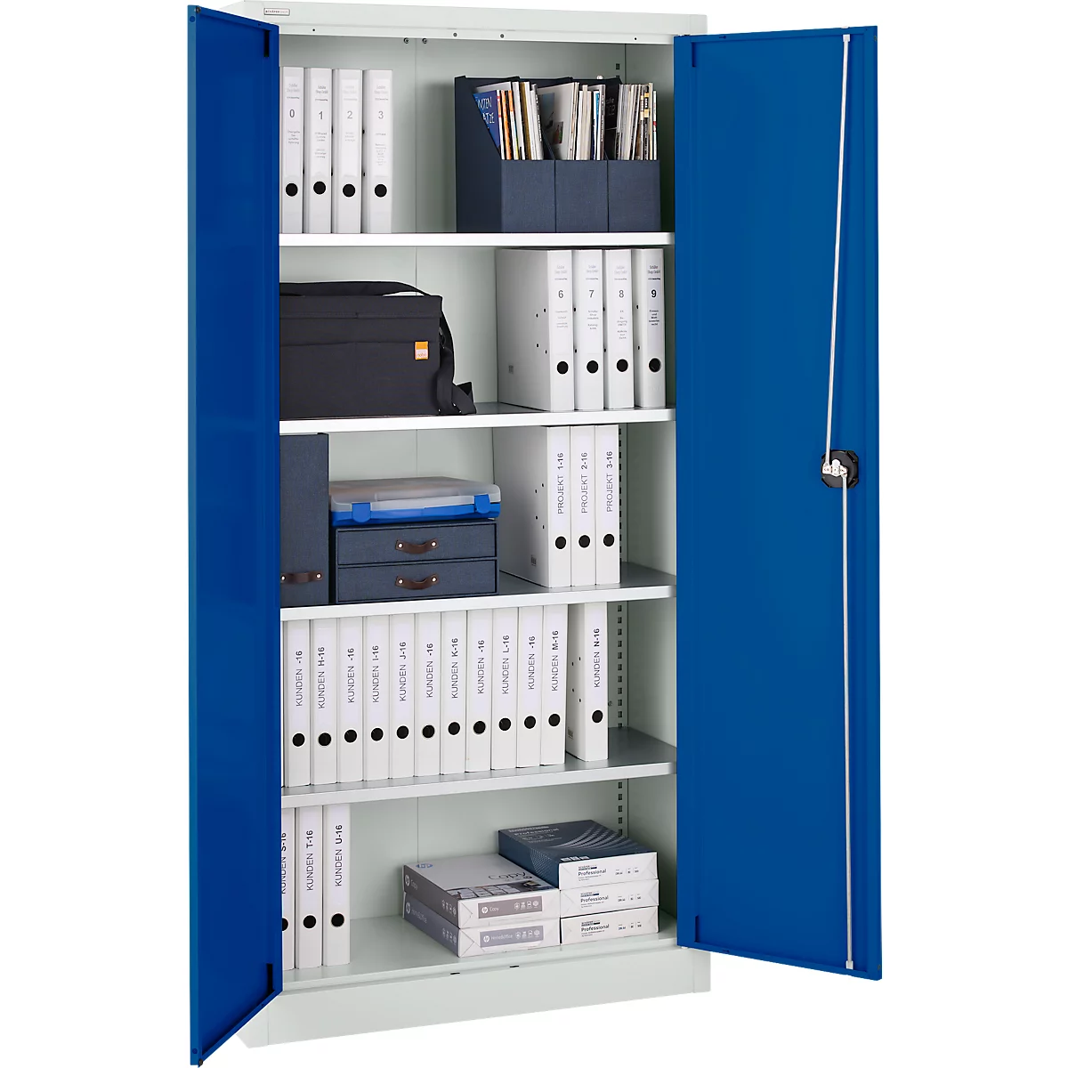 Armoire en acier bleu et blanc avec portes ouvertes, remplie de classeurs, de dossiers et d'une sacoche d'ordinateur portable.