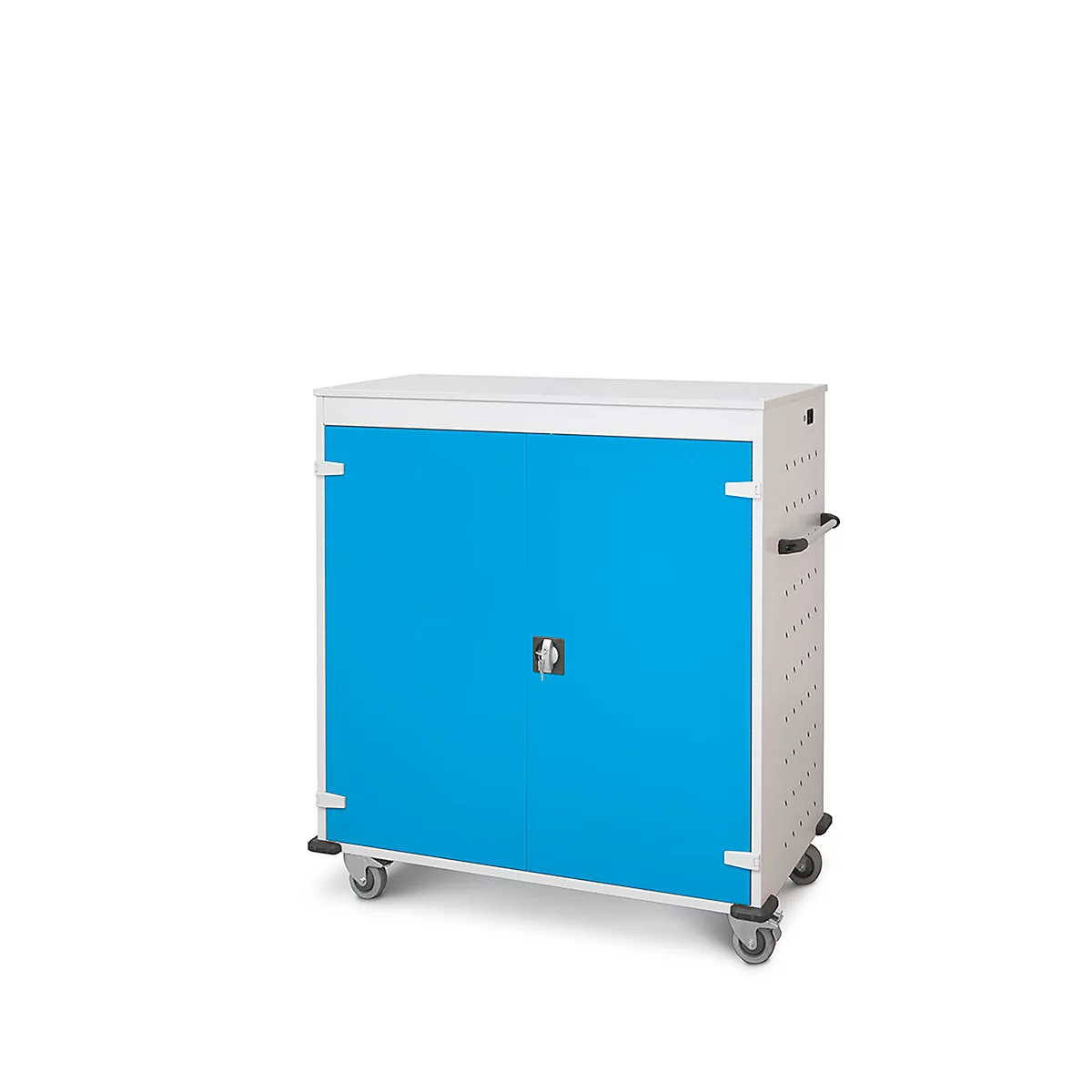 Armoire mobile pour chargement d'ordinateur portable, L 1310 x P 500 x H 1250 mm, 30 compartiments, verrouillage 2 points, 2 roulettes avec frein, bleu clair