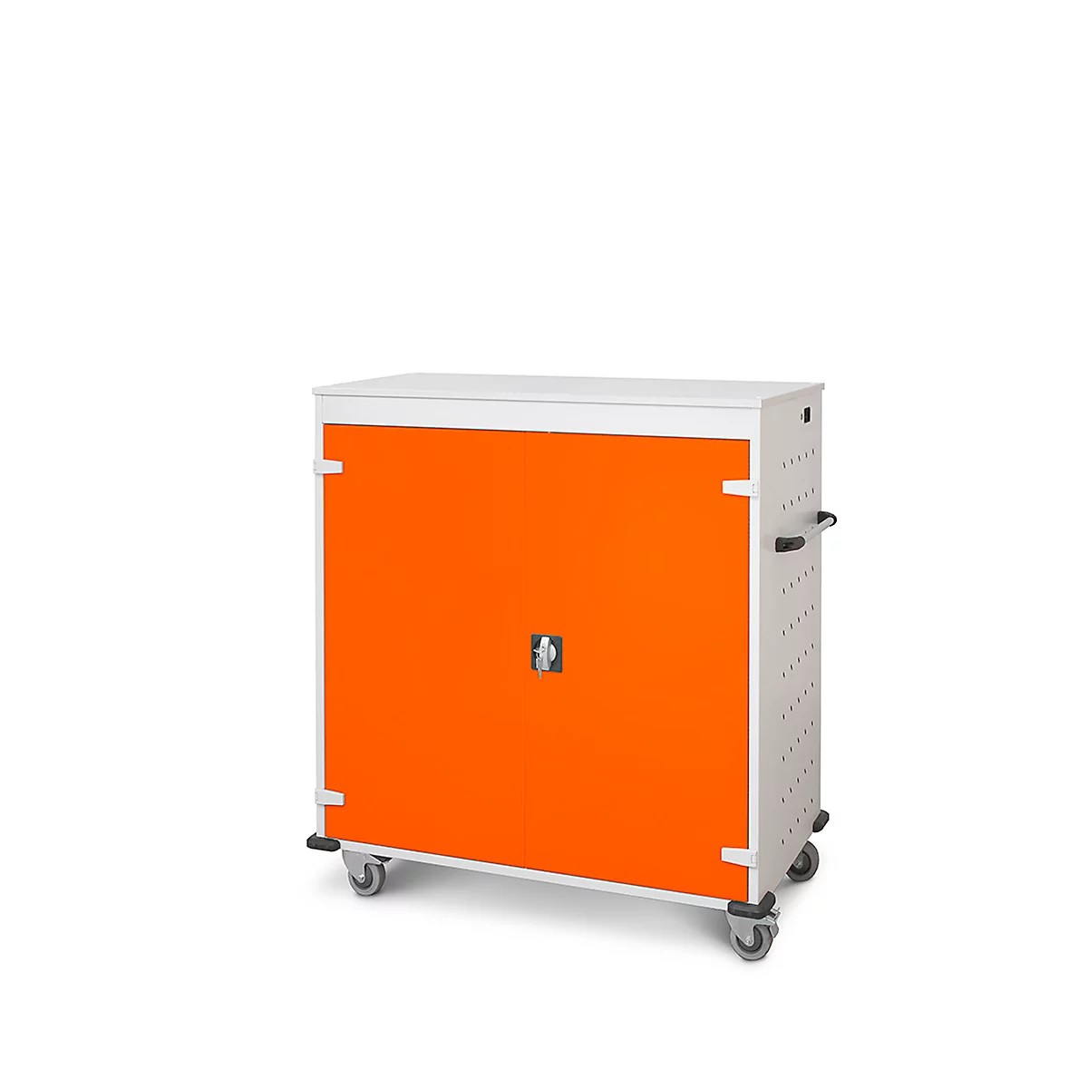 Armoire mobile pour chargement d'ordinateur portable, L 1310 x P 500 x H 1250 mm, 30 compartiments, verrouillage 2 points, 2 roulettes avec frein, orange