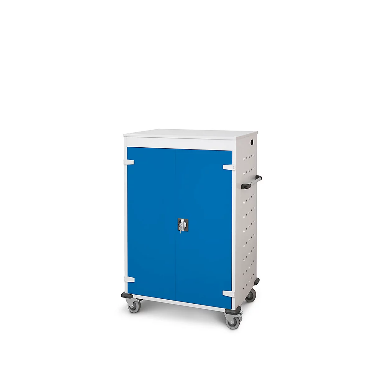 Armoire mobile pour chargement d'ordinateur portable, L 920 x P 500 x H 1250 mm, 20 compartiments, verrouillage 2 points, 2 roulettes avec frein, bleu gentiane