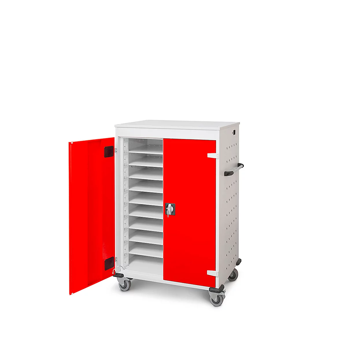 Armoire mobile pour chargement d'ordinateur portable, L 920 x P 500 x H 1250 mm, 20 compartiments, verrouillage 2 points, 2 roulettes avec frein, rouge trafic