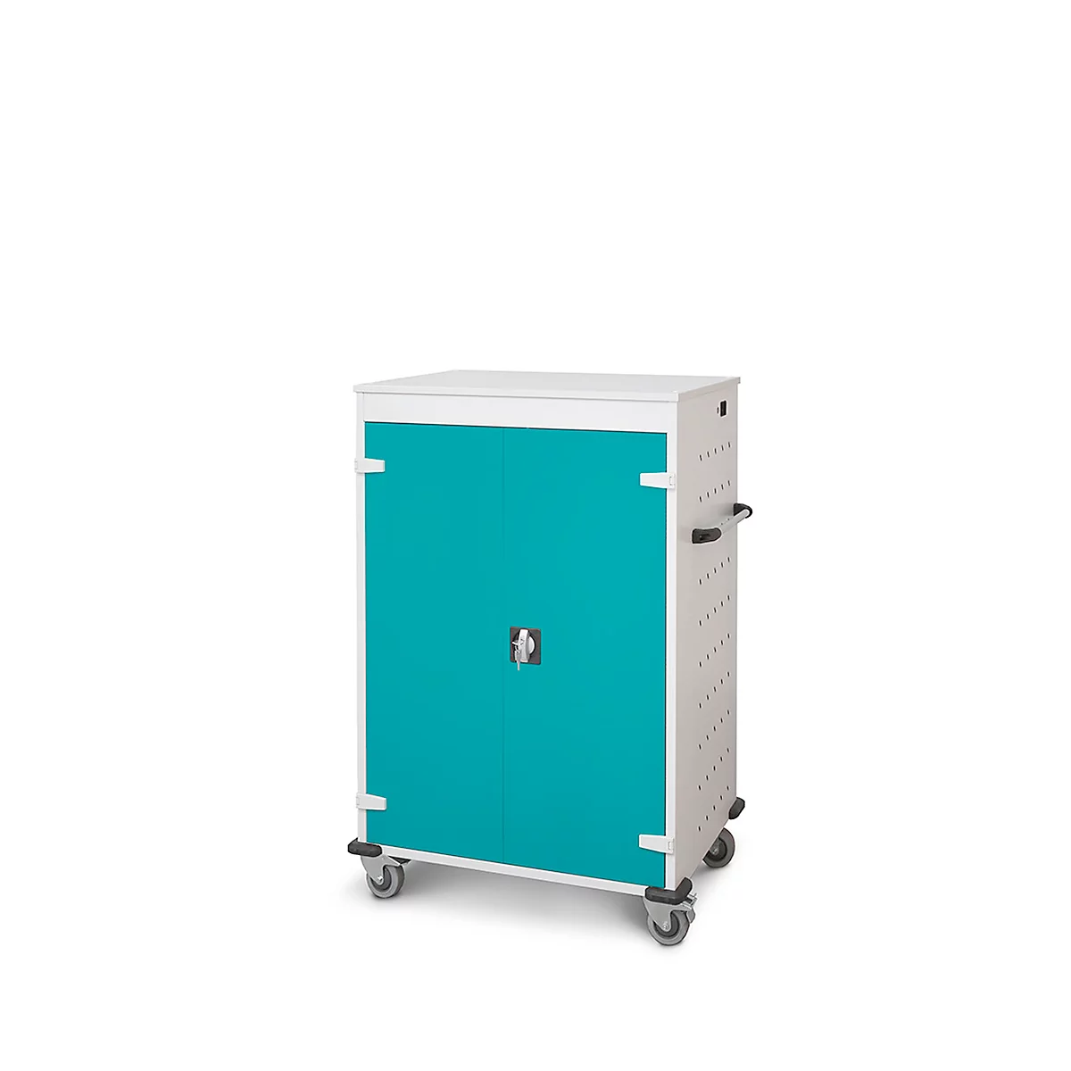 Armoire mobile pour chargement d'ordinateur portable, L 920 x P 500 x H 1250 mm, 20 compartiments, verrouillage 2 points, 2 roulettes avec frein, turquoise
