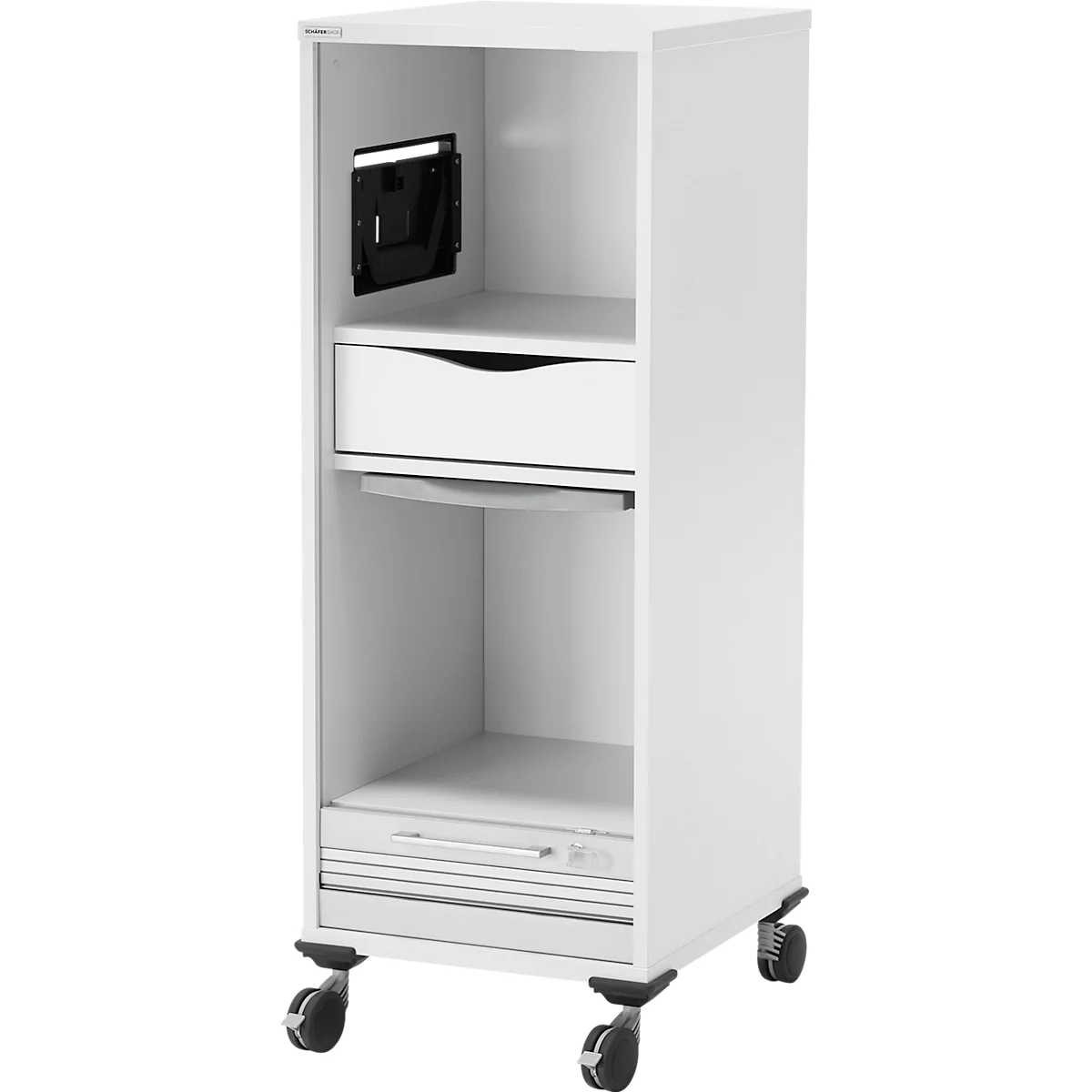 Chariot blanc avec tiroirs, étagère et support TV. Quatre roulettes, compartiments ouverts.