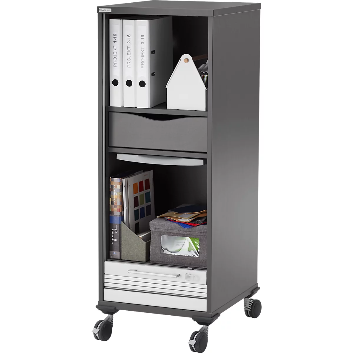 Conteneur roulant gris avec tiroir et compartiments, rempli de classeurs et de fournitures de bureau.