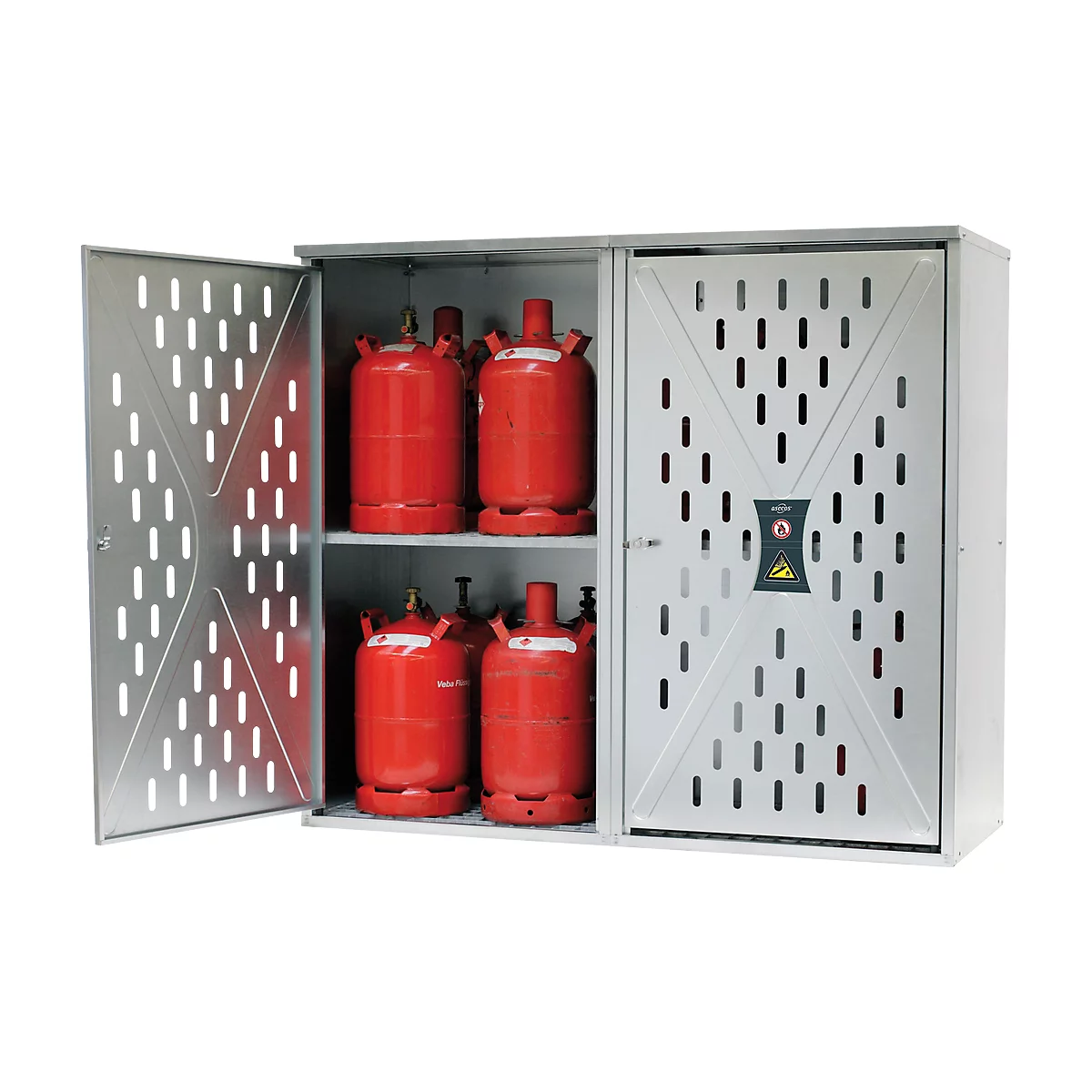 Armoire pour bouteilles de gaz LG.2846 Asecos, en acier, avec 2 portes battantes, pour l’extérieur, L 1680 x P 690 x H 1500 mm, à simple paroi, verrouillable