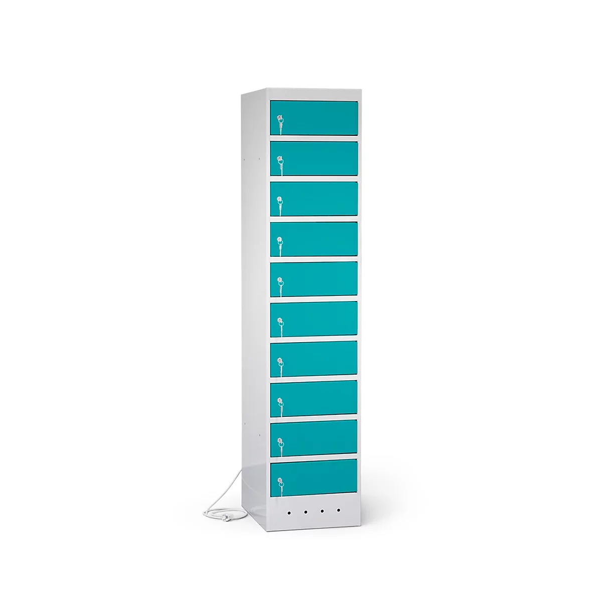 Armoire blanche haute avec dix compartiments turquoise. Chaque compartiment a une serrure blanche et trois petits trous en bas.