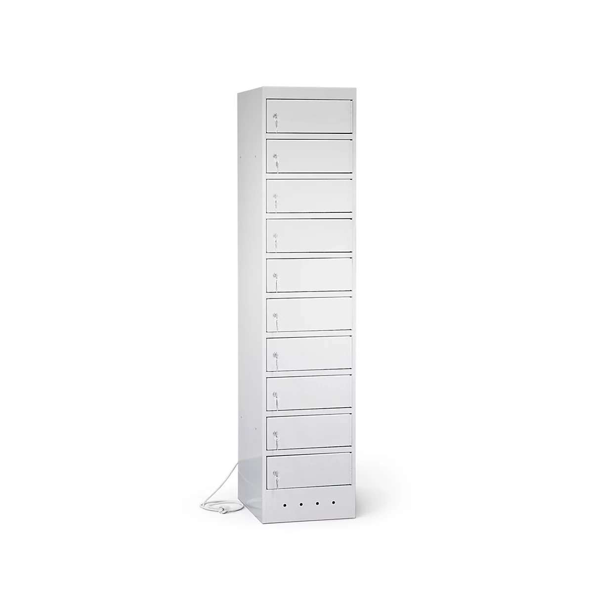 Armoire blanche et haute avec 10 compartiments, chacun avec une clé. En bas, il y a quatre prises. Un câble va jusqu'au sol.