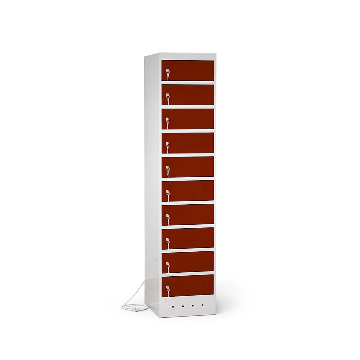 Une armoire blanche avec des portes rouges. Chaque porte a un symbole de clé blanc. Un câble d'alimentation est posé sur le sol.