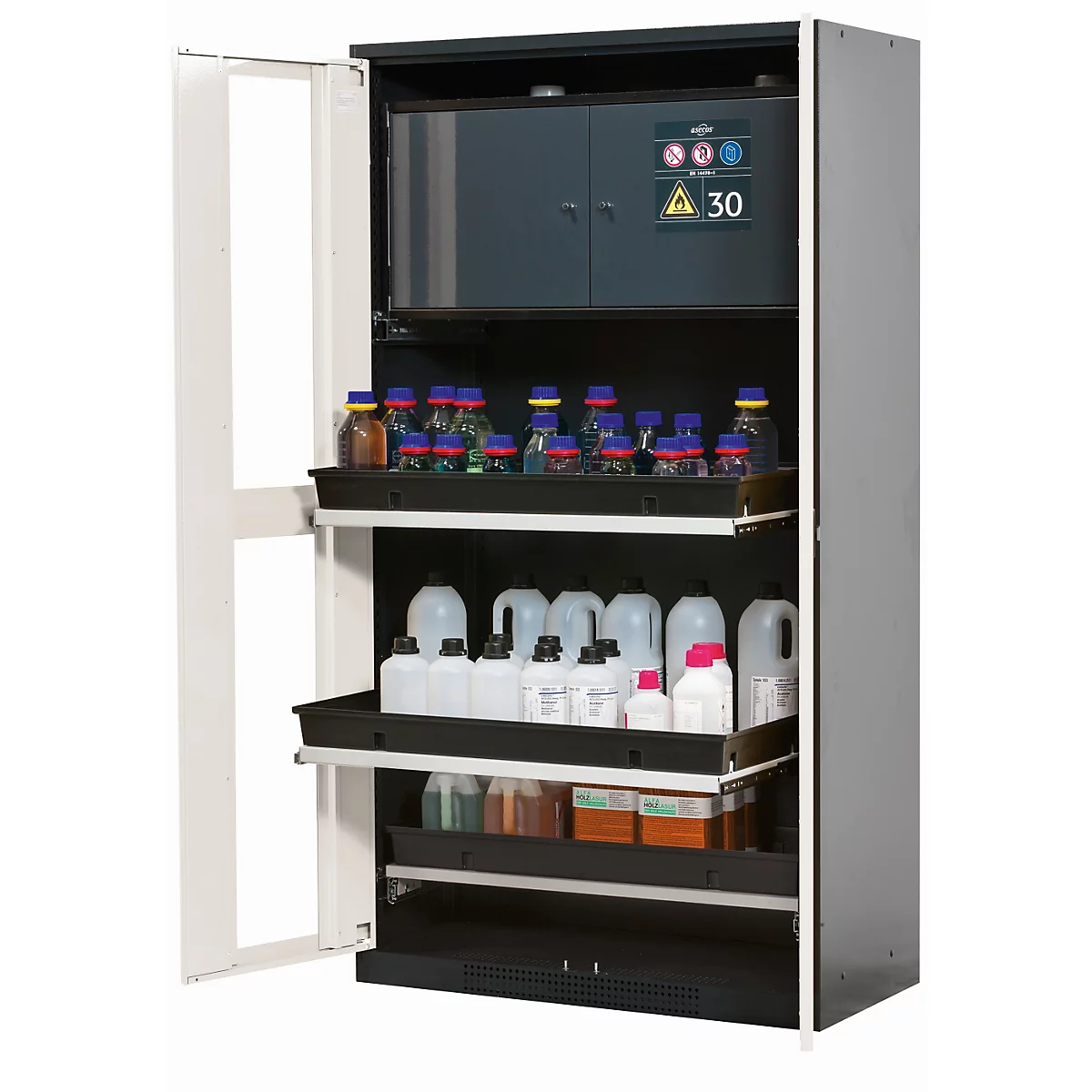 Armoire pour produits chimiques asecos CS-CLASSIC-GF, portes battantes avec découpe en verre, façade blanc pur, L 1055 x P 520 x H 1950 mm