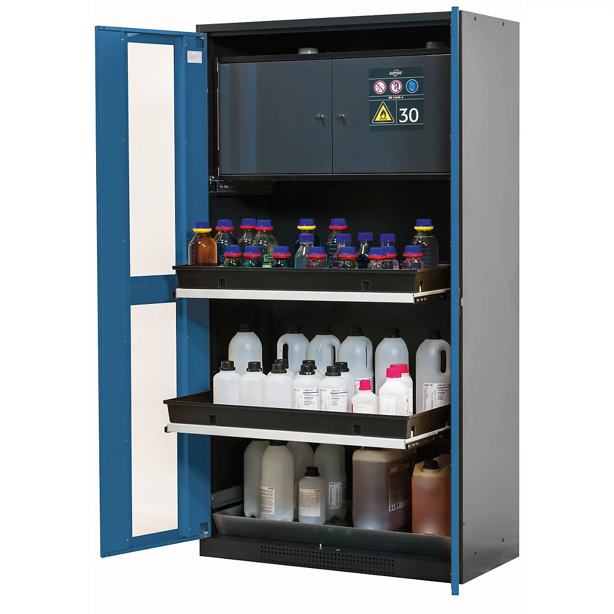 Armoire pour produits chimiques asecos CS-CLASSIC-GF, portes battantes avec découpe en verre, façade bleu gentiane, L 1055 x P 520 x H 1950 mm